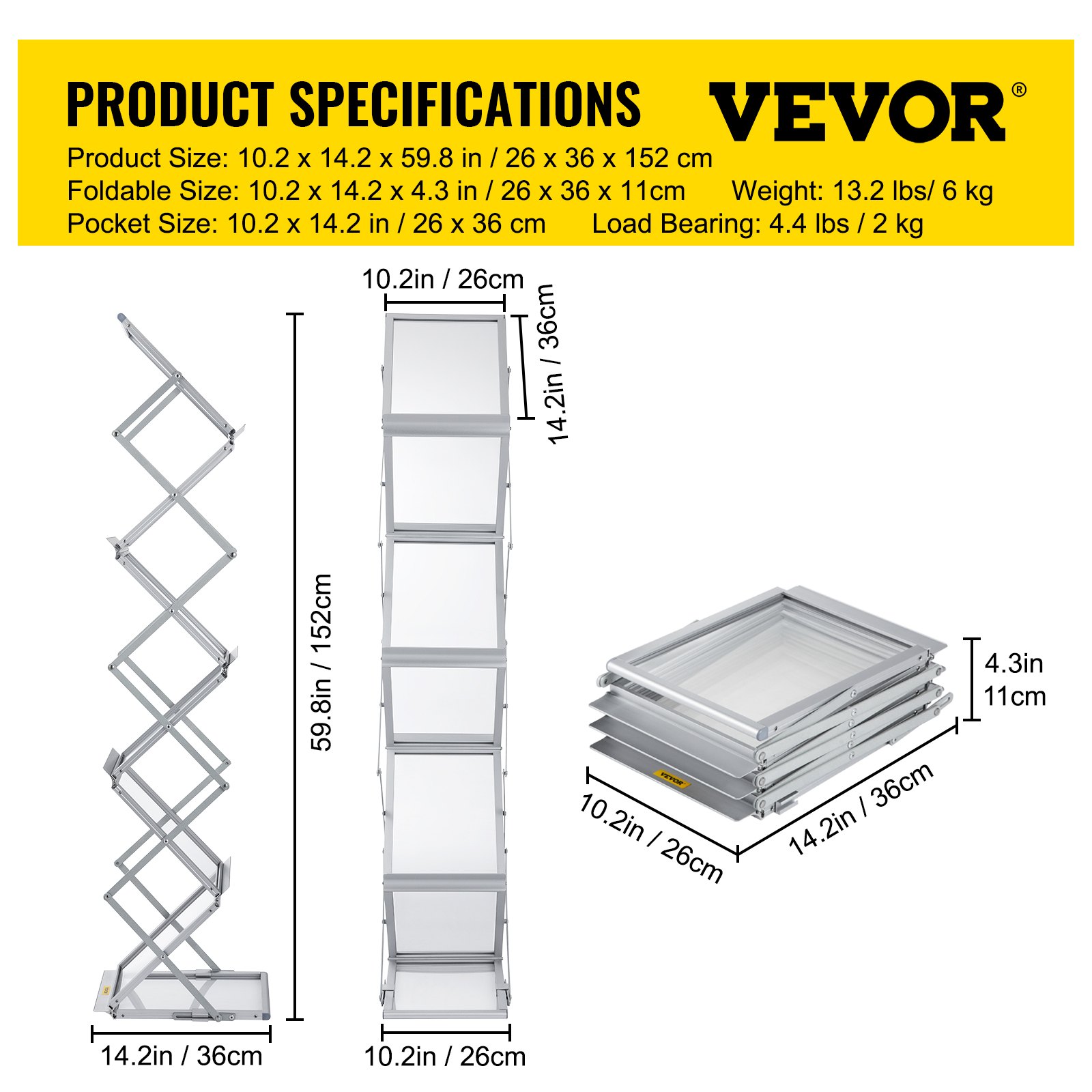 'VEVOR Literature Stand, 6 Pockets, Pop-Up Aluminum Magazine Stand, Lightweight Catalog Holder, Stand with Carrying Bag for Living Room, Hotel, Trade Fair, Exhibition, Office'