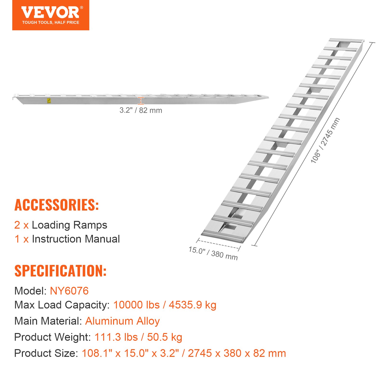 VEVOR Loading Ramps, 2 Pcs 2745 x 380 mm, Durable Aluminum and Heavy-Duty Trailer Ramp Set with Anti-Slip Plates, 6000 Lbs Combined Capacity, for Carts, Farm Tractors, ATVs, Lawn Mowers, Motorcycles
