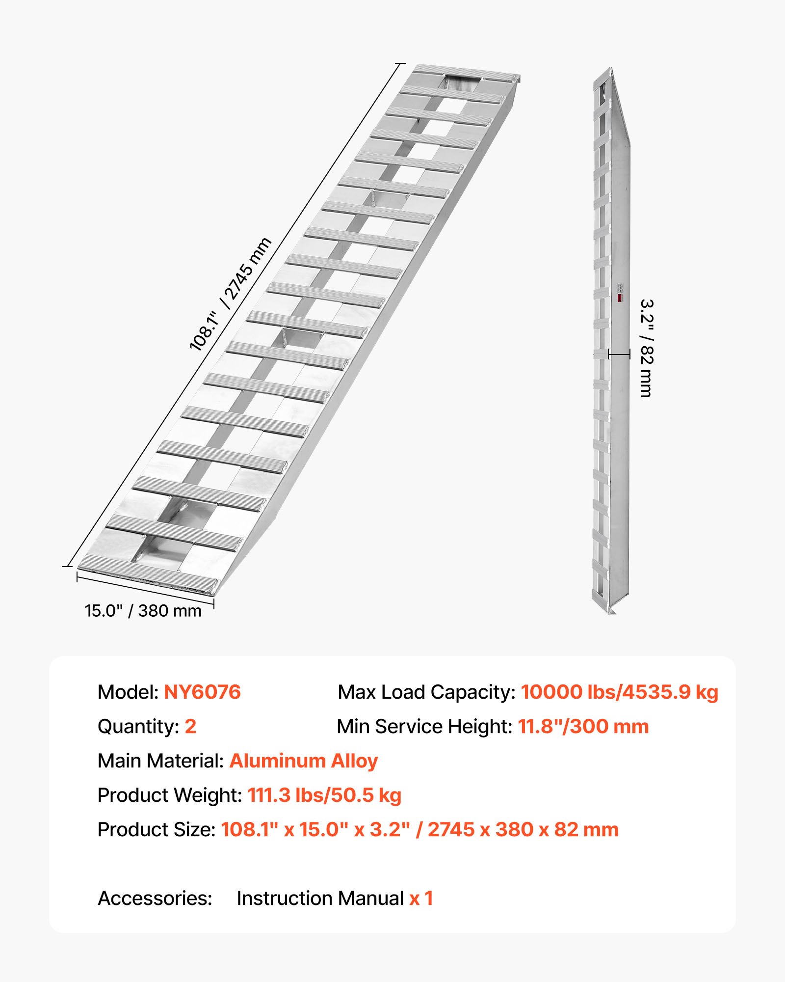 Rampy załadunkowe VEVOR, 2 szt., 2745 x 380 mm, solidne aluminiowe, wytrzymałe rampy do przyczep z płytami antypoślizgowymi, ładowność całkowita 4535,9 kg, do przyczep, traktorów, quadów, kosiarek do trawy, motocykli