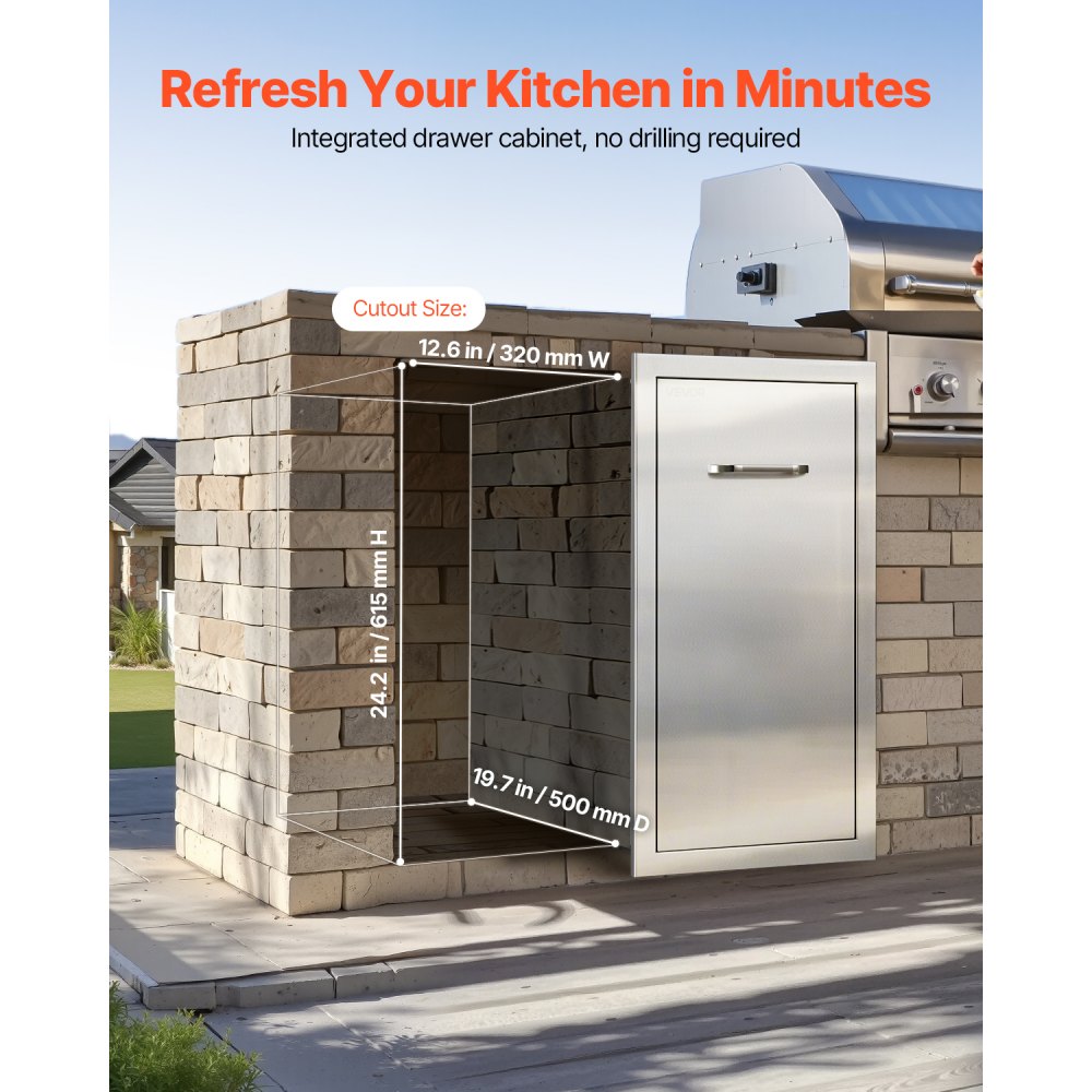 VEVOR Outdoor Kitchen Trash Drawer, 13.54"W x 19.61"D x 25.79"H Interior Storage, Multi-Purpose Outdoor Kitchen Drawers Stainless Steel, 55 lbs Max Capacity per Tier, for Outdoors BBQ Island Kitchens