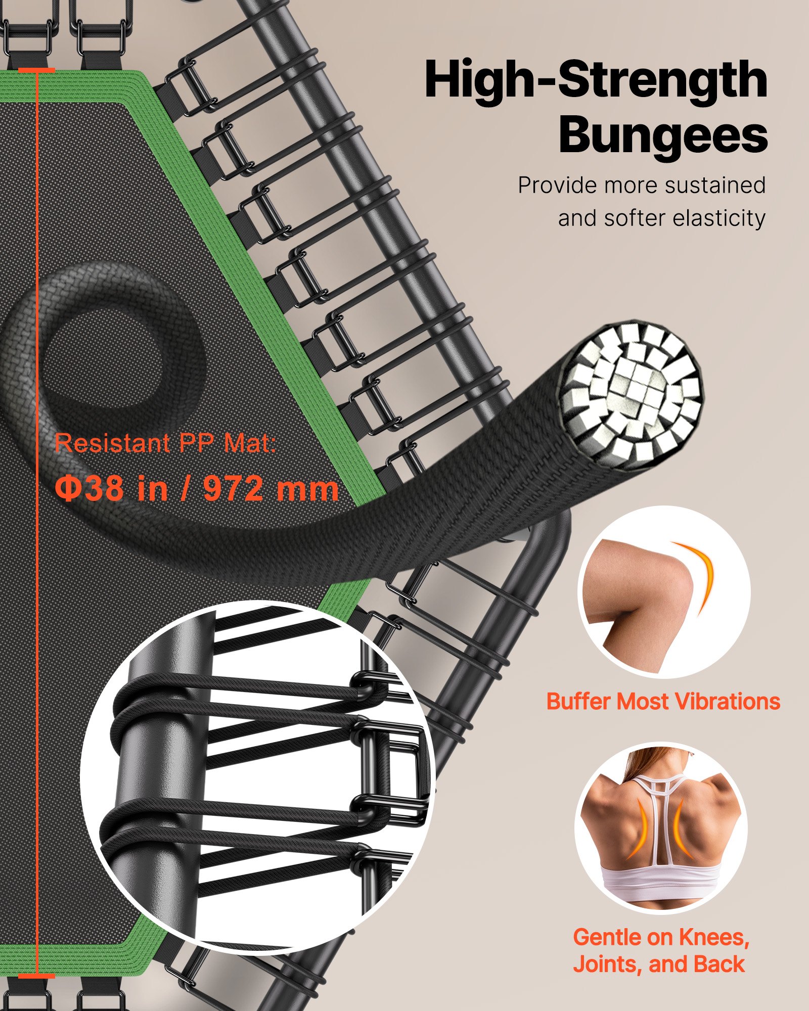 VEVOR Trampolina do ćwiczeń w pomieszczeniach dla dorosłych, mini trampolina o udźwigu 205 kg, trampolina rebounder o wysokości 1385 mm z 3-poziomową regulacją wysokości uchwytu i piankowym uchwytem, ​​sprzęt do ćwiczeń domowych