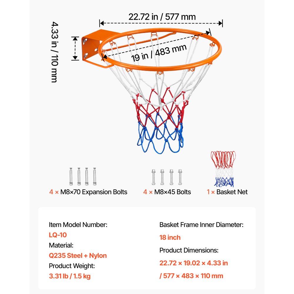 VEVOR Basketball Hoop, Hanging Ring, 483 mm, Basketball Net 577 x 483 x 110 mm, Quality and Safety Tested, Indoor & Outdoor, Universal, Sturdy Basketball Hoop, Orange