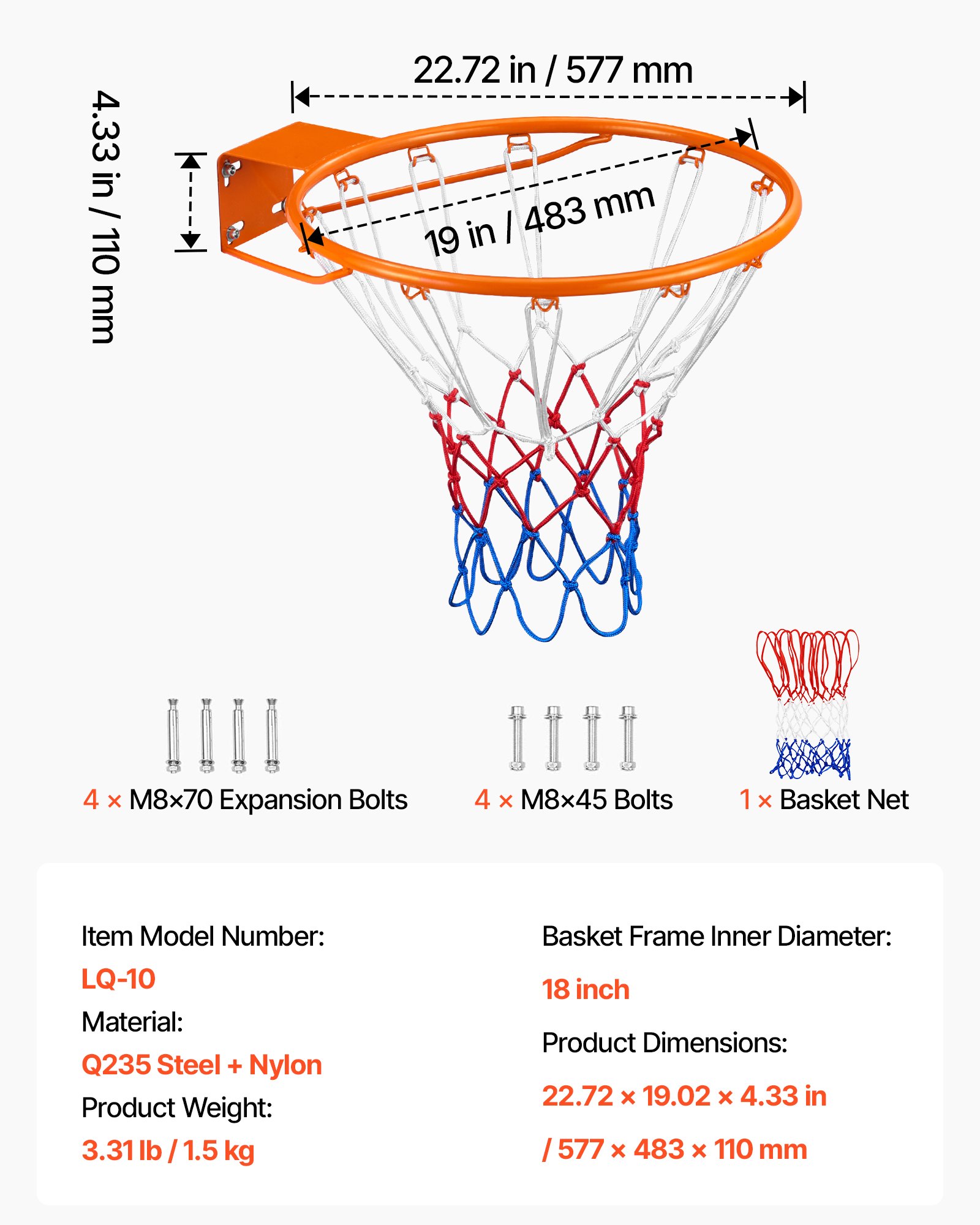 VEVOR Basketball Hoop, Hanging Ring, 483 mm, Basketball Net 577 x 483 x 110 mm, Quality and Safety Tested, Indoor & Outdoor, Universal, Sturdy Basketball Hoop, Orange