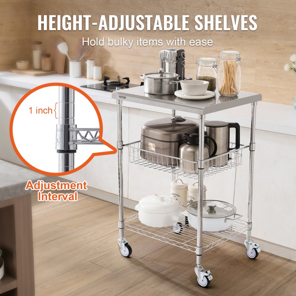 VEVOR Stainless Steel Kitchen Trolley, 3-Tier Serving Trolley with 213.2 kg Capacity, Laboratory Trolley, Clearing Trolley, Transport Trolley, Storage Trolley with Recessed Basket & 6 Hooks, for Indoor and Outdoor Use