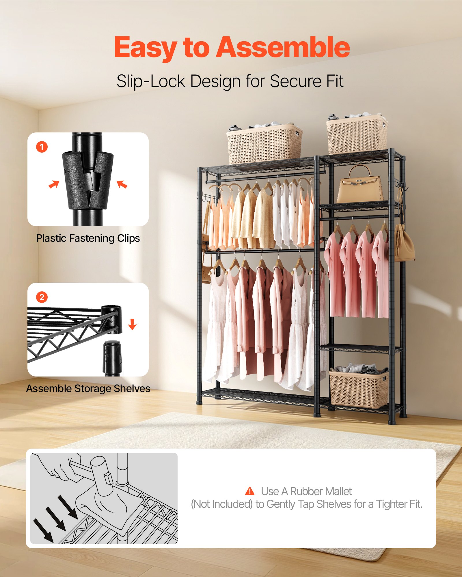 VEVOR Clothing Garment Rack, Heavy Duty Clothes Rack, 6 Adjustable Tiers Clothes Racks with Steel Frame, 363 kg Load Capacity Closet Wardrobe with 3 Hanging Rods for Bedroom, Clothing Store, Hallway