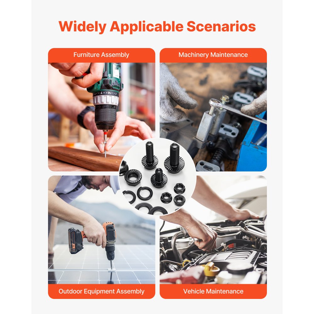 Zestaw nakrętek śrubowych VEVOR 280 sztuk, śruby maszynowe metryczne i podkładki, stal stopowa M6/M8/M10, różne rozmiary, klasa metryczna 10.9, kolor czarny, z etui