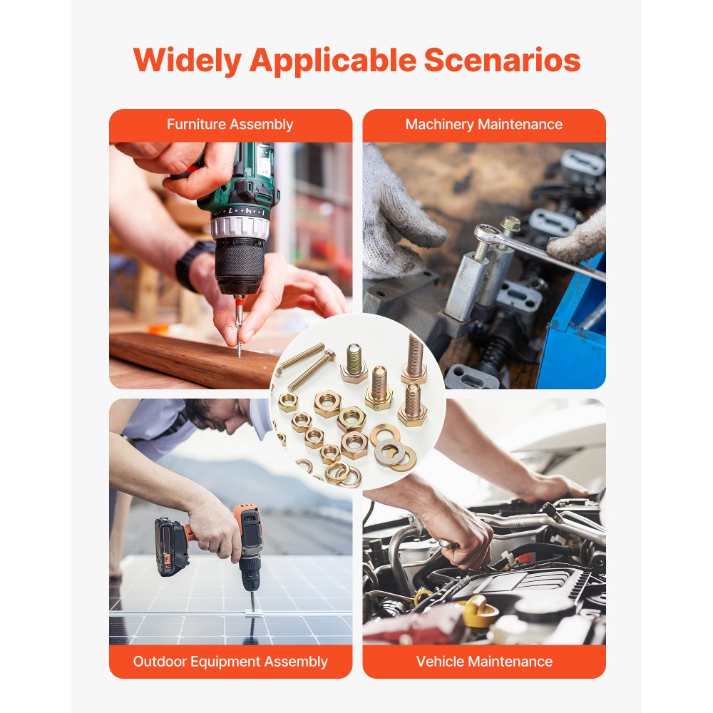 Zestaw śrub i nakrętek VEVOR 906 sztuk, śruby maszynowe metryczne i podkładki, stal stopowa M4/M5/M6/M8, różne rozmiary, klasa metryczna 8.8, pozłacane, ocynkowane