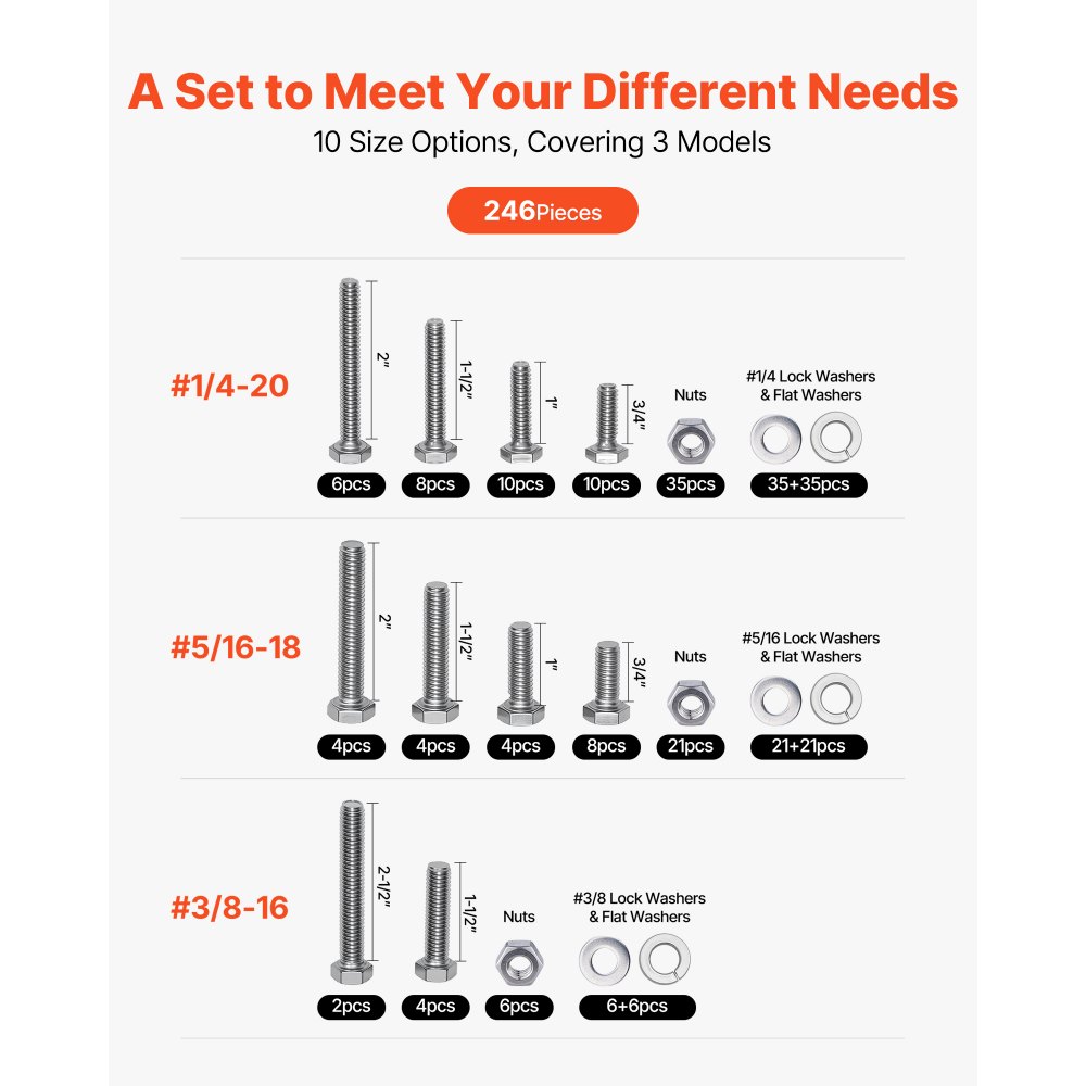 Zestaw śrub i nakrętek VEVOR, 246 elementów, śruby calowe i podkładki, stal nierdzewna 1/4-20, 5/16-18, 3/8-16, podkładki sprężyste do montażu mebli/sprzętu AGD/pojazdów z etui, klasa A2-50