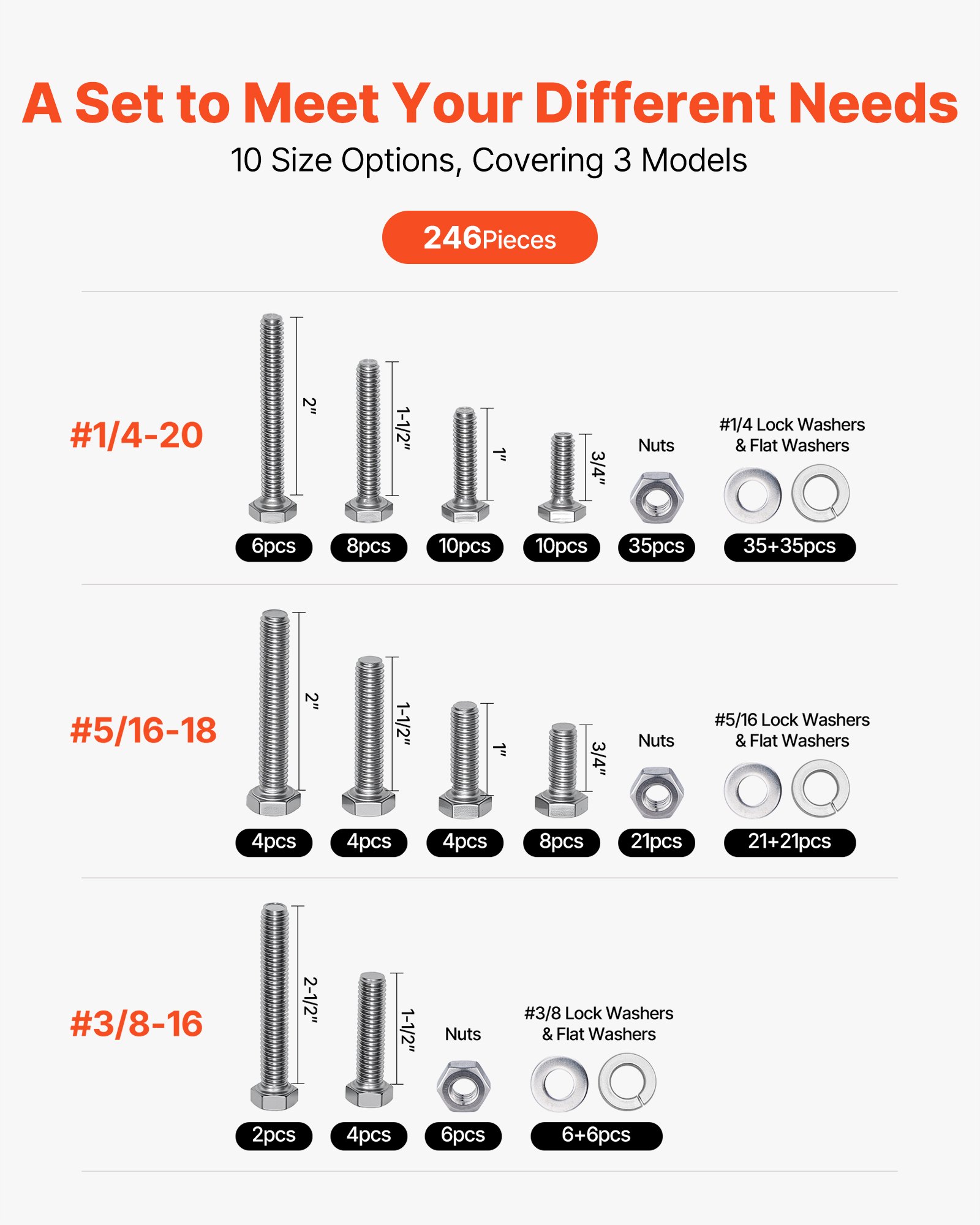 Zestaw śrub i nakrętek VEVOR, 246 elementów, śruby calowe i podkładki, stal nierdzewna 1/4-20, 5/16-18, 3/8-16, podkładki sprężyste do montażu mebli/sprzętu AGD/pojazdów z etui, klasa A2-50