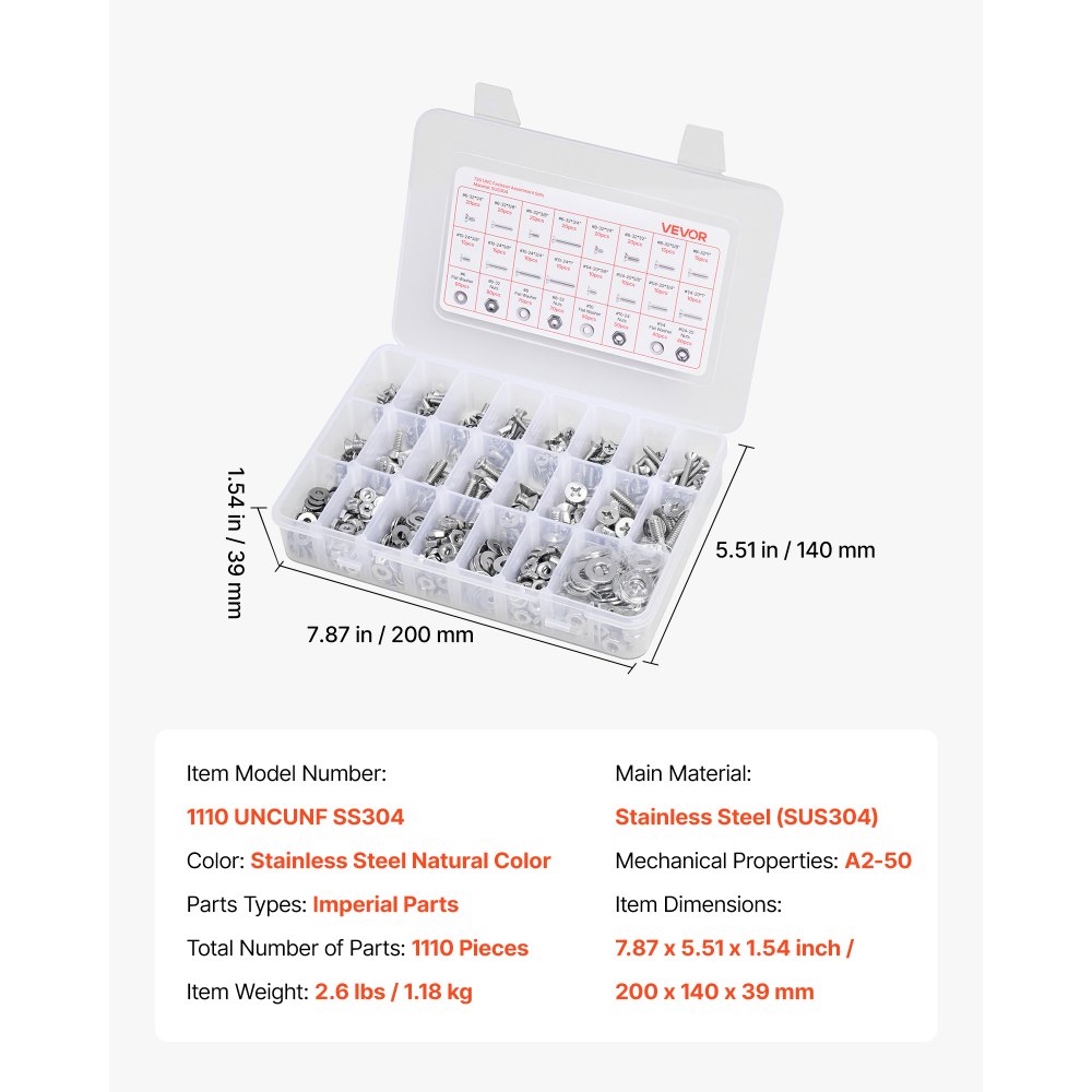 VEVOR 720 Pcs Bolts and Nuts Assortment Kit, Imperial Machine Screws and Flat Washers, Stainless Steel 6-32,8-32,10-24,1/4-20, for Furniture /Equipment/Vehicle Assembly, Silver