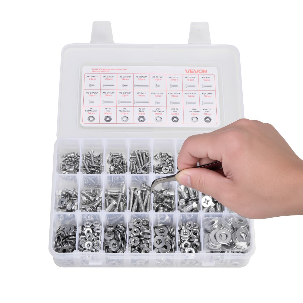 VEVOR 720 Pcs Bolts and Nuts Assortment Kit, Imperial Machine Screws and Flat Washers, Stainless Steel 6-32,8-32,10-24,1/4-20, for Furniture /Equipment/Vehicle Assembly, Silver