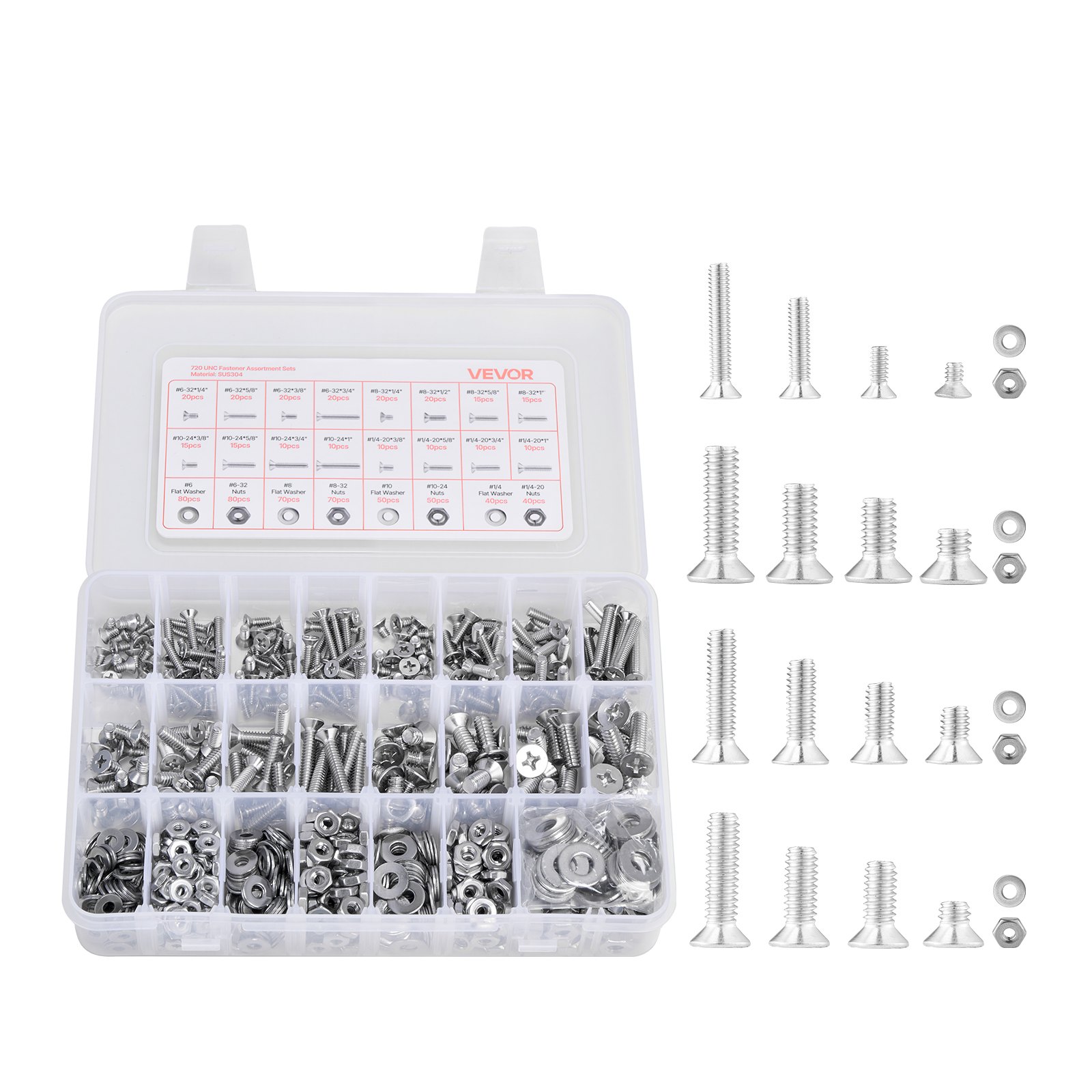 VEVOR 720 Pcs Bolts and Nuts Assortment Kit, Imperial Machine Screws and Flat Washers, Stainless Steel 6-32,8-32,10-24,1/4-20, for Furniture /Equipment/Vehicle Assembly, Silver