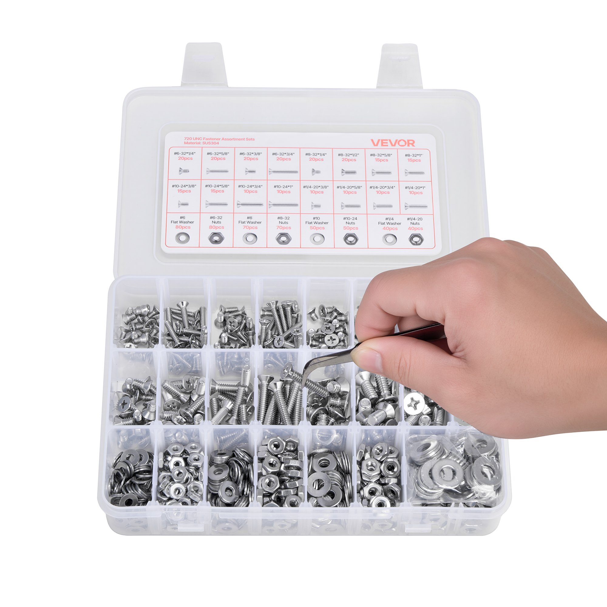 VEVOR 720 Pcs Bolts and Nuts Assortment Kit, Imperial Machine Screws and Flat Washers, Stainless Steel 6-32,8-32,10-24,1/4-20, for Furniture /Equipment/Vehicle Assembly, Silver