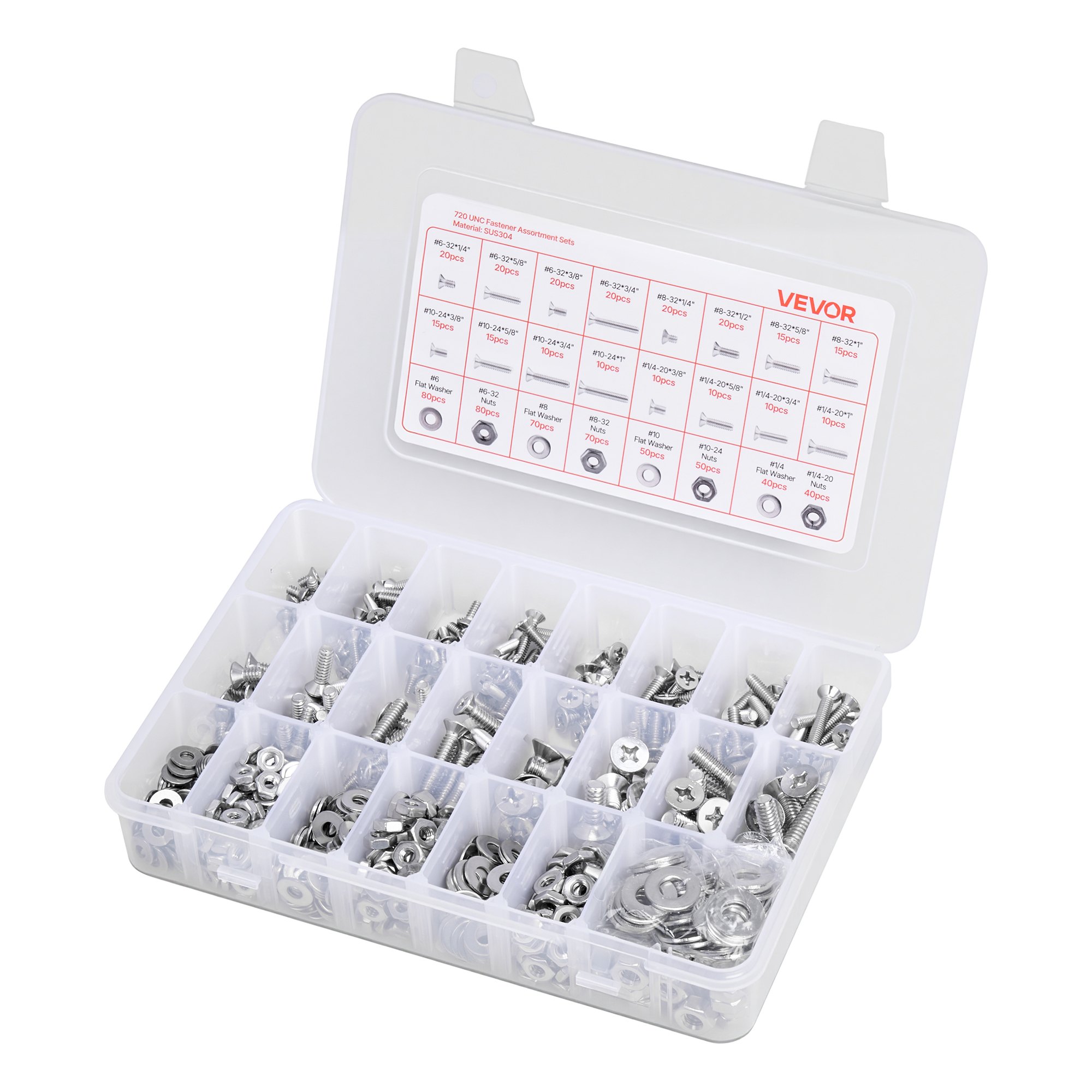 VEVOR 720 Pcs Bolts and Nuts Assortment Kit, Imperial Machine Screws and Flat Washers, Stainless Steel 6-32,8-32,10-24,1/4-20, for Furniture /Equipment/Vehicle Assembly, Silver
