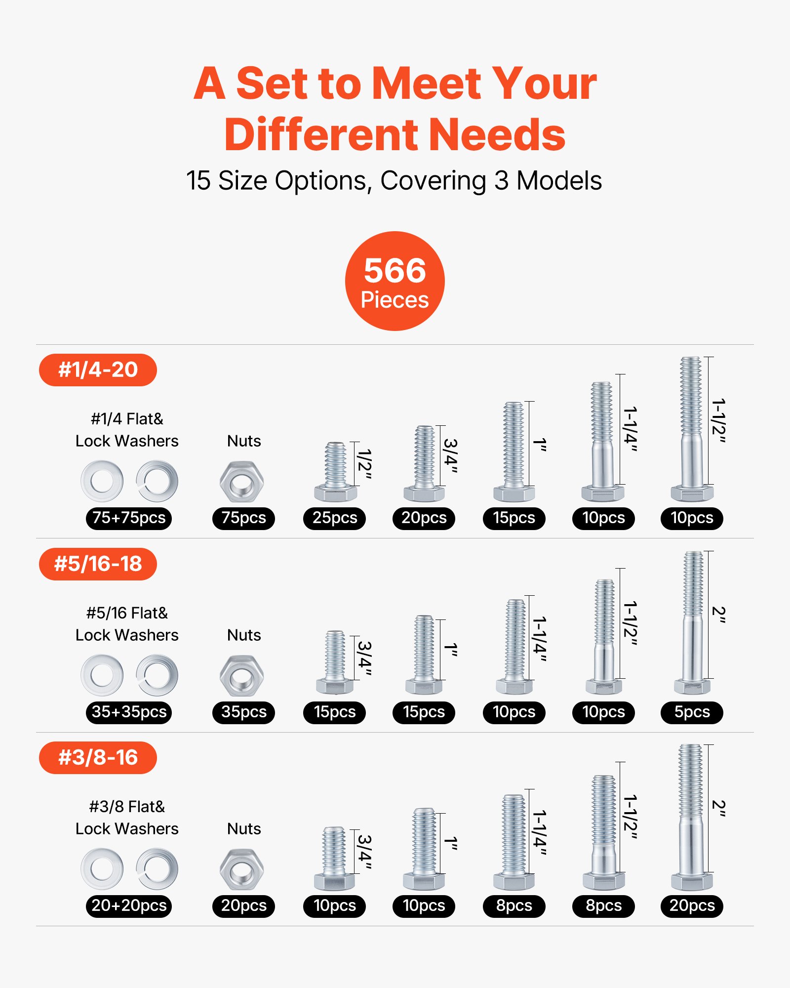 Zestaw śrub i nakrętek VEVOR, 566 elementów, śruby maszynowe i podkładki calowe, stal stopowa 1/4-20, 5/16-18, 3/8-16, do montażu mebli/sprzętu AGD/pojazdów