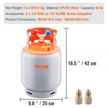 Zbiornik na czynnik chłodniczy VEVOR 30 funtów 400 psi Zbiornik na butlę wielokrotnego użytku Φ 250 x 390 mm Zbiornik na czynnik chłodniczy pomarańczowy Pomarańczowy Stalowy zbiornik na czynnik chłodniczy HP295