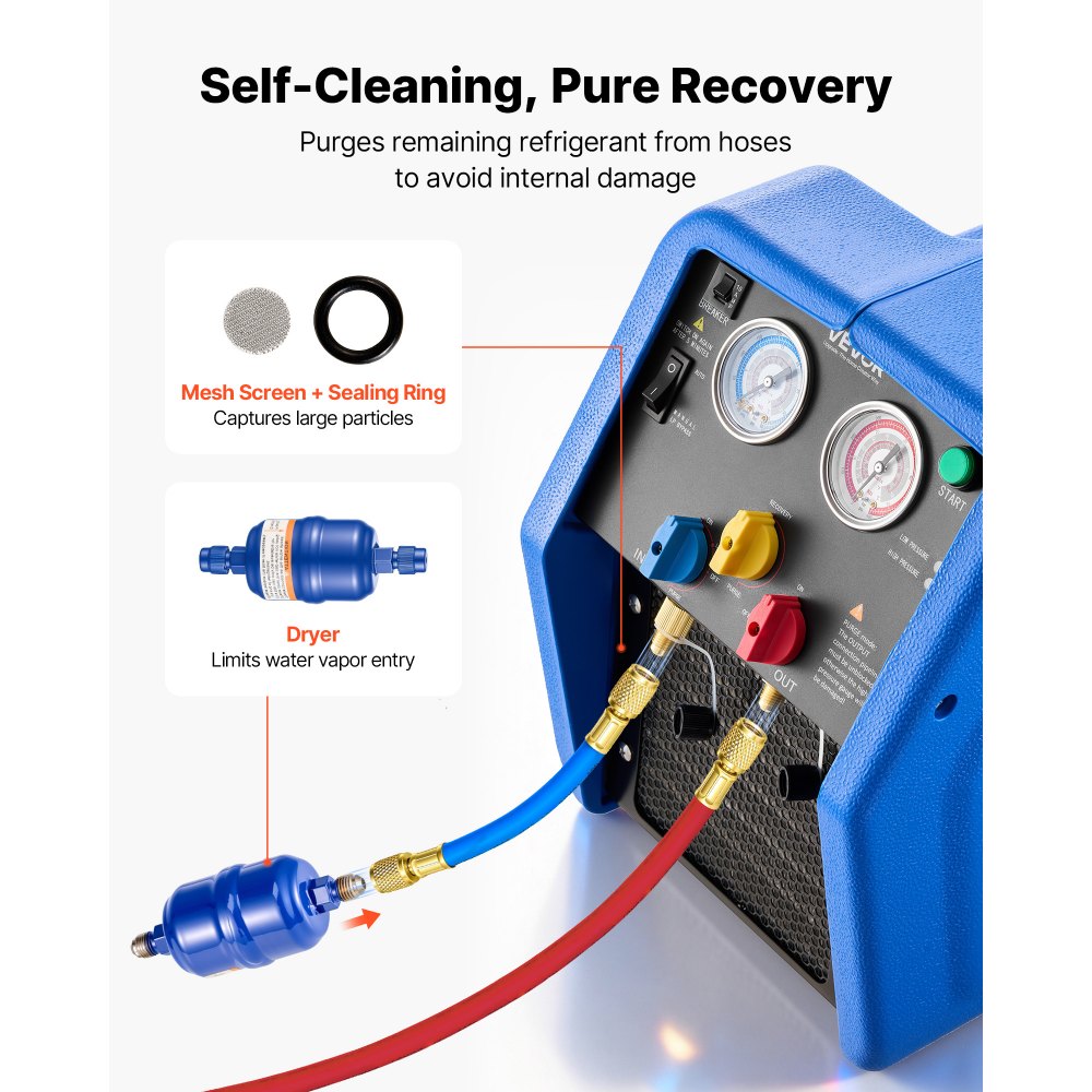 VEVOR Portable Refrigerant Recovery Machine, 3/4 HP 220V 50Hz Single Cylinder AC Recovery Machine for Liquid Vapor Refrigerant, 1450 RPM Recycling Unit HVAC for Automotive & Household Air Conditioning