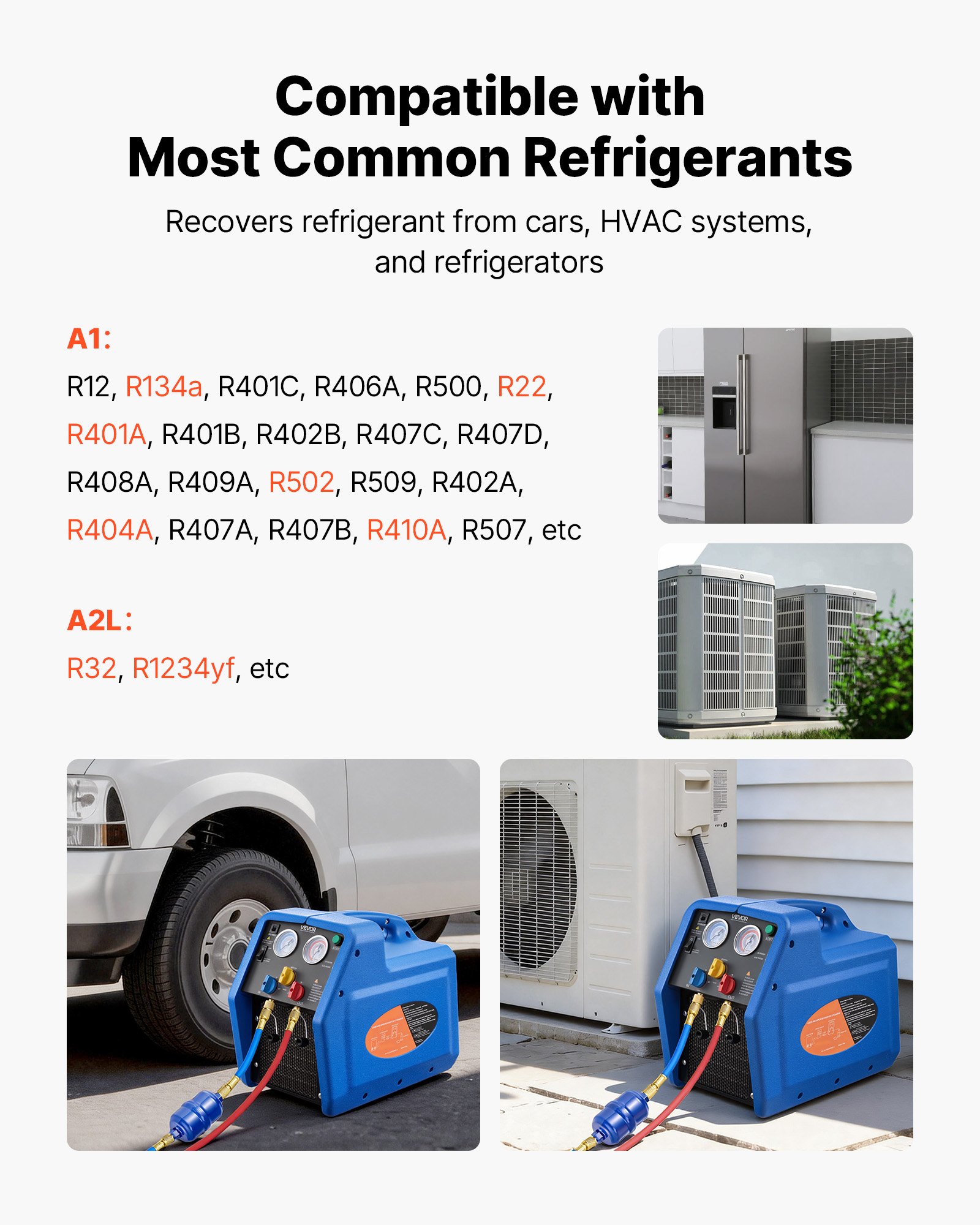 VEVOR Portable Refrigerant Recovery Machine, 3/4 HP 220V 50Hz Single Cylinder AC Recovery Machine for Liquid Vapor Refrigerant, 1450 RPM Recycling Unit HVAC for Automotive & Household Air Conditioning