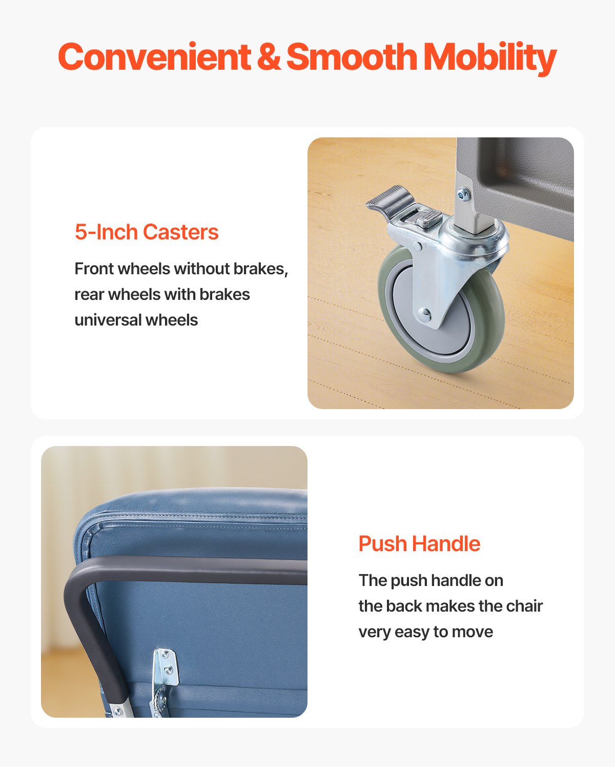 Fotel medyczny VEVOR z 3 pozycjami odchylenia, fotel Geri z 4 kółkami, miękkim siedziskiem i wyjmowaną tacką, idealny do szpitala, domu opieki i opieki domowej