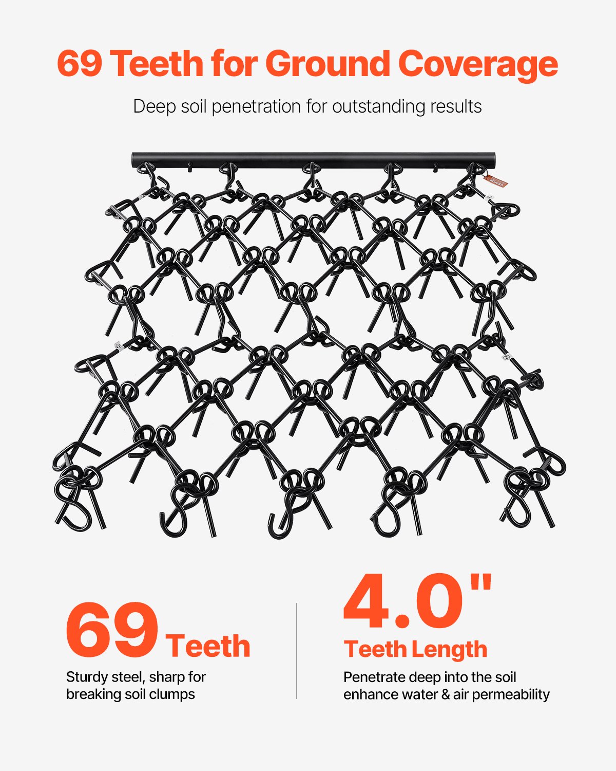 Brona łańcuchowa VEVOR, 2250x1140 mm, z 69 ostrymi zębami, odpowiednia do ciągników ATV i UTV, do przygotowania gleby, siewu, wygładzania terenu i pielęgnacji podjazdów żwirowych