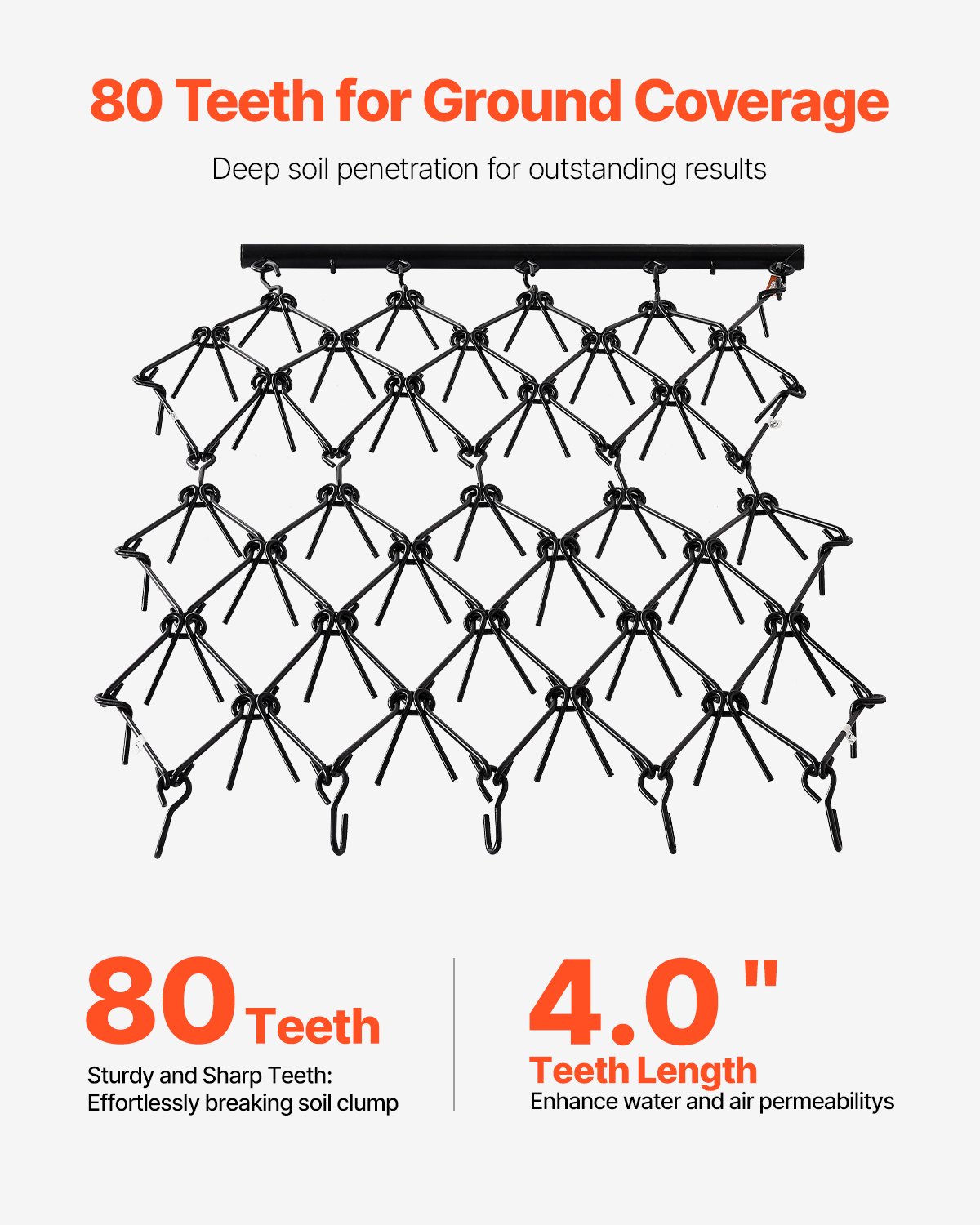Brona zaczepiana VEVOR, 1707x1219 mm, brona łąkowa z 80 ostrymi zębami, odpowiednia do pojazdów ATV i UTV, do przygotowania gleby, siewu, wygładzania krajobrazów i utrzymania żwirowych podjazdów ogrodowych