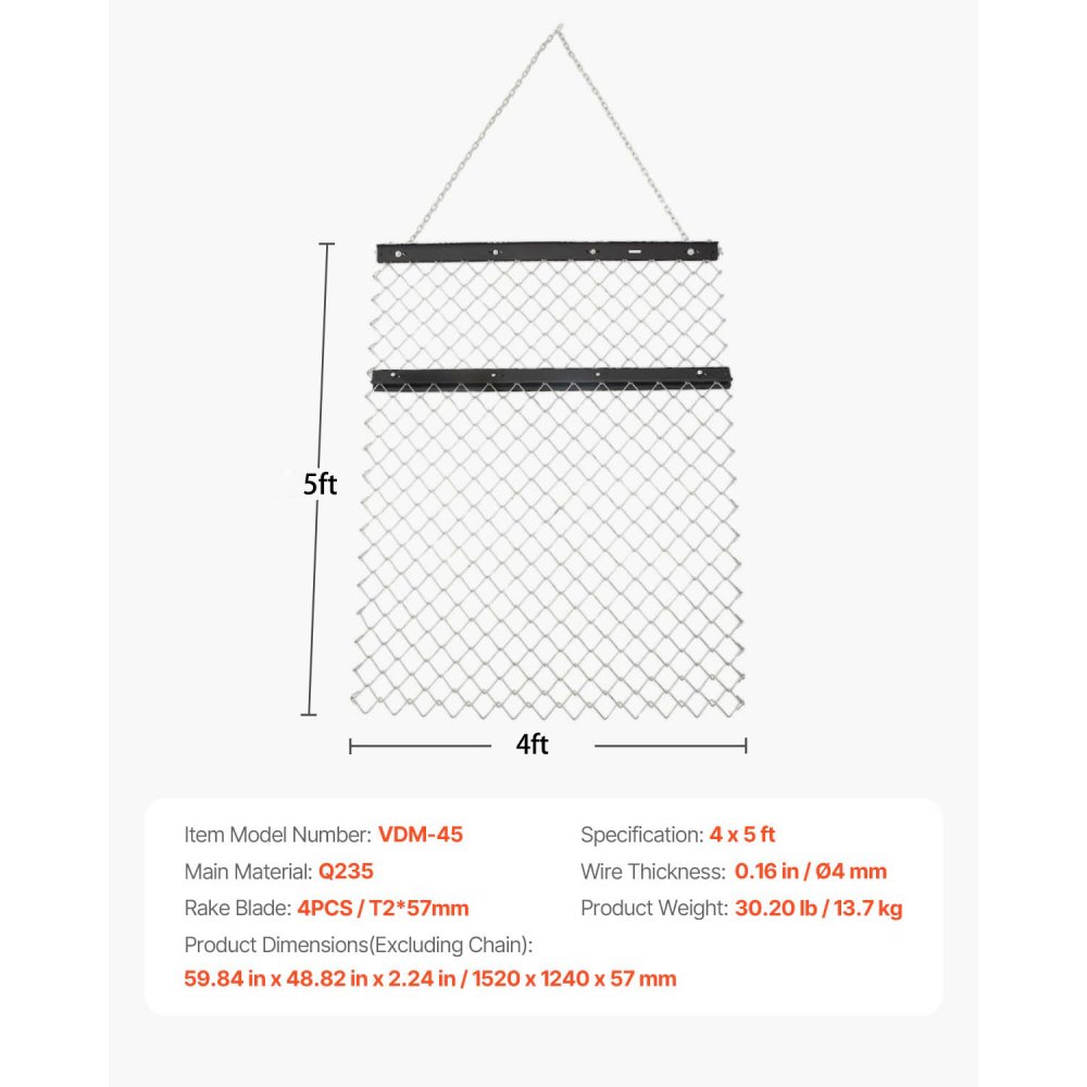 Brona ciągniona VEVOR, 1520x1240x57 mm, brona łańcuchowa ze stali Q235, osprzęt do ciągników UTV do wyrównywania terenu lub przygotowania trawnika, brona łąkowa do podjazdów żwirowych, gospodarstw rolnych, ogrodów polowych