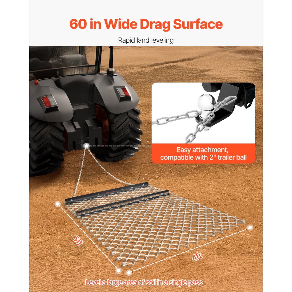 VEVOR trailing harrow, 1520x1240x57mm, chain harrow made of Q235 steel, UTV tractor attachments for leveling landscapes or lawn preparation, meadow harrow for gravel driveways, farm, field garden