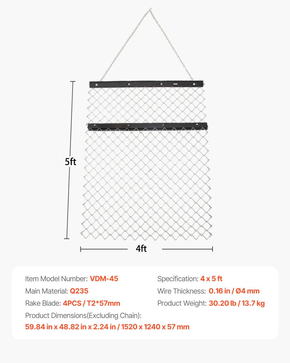 VEVOR trailing harrow, 1520x1240x57mm, chain harrow made of Q235 steel, UTV tractor attachments for leveling landscapes or lawn preparation, meadow harrow for gravel driveways, farm, field garden