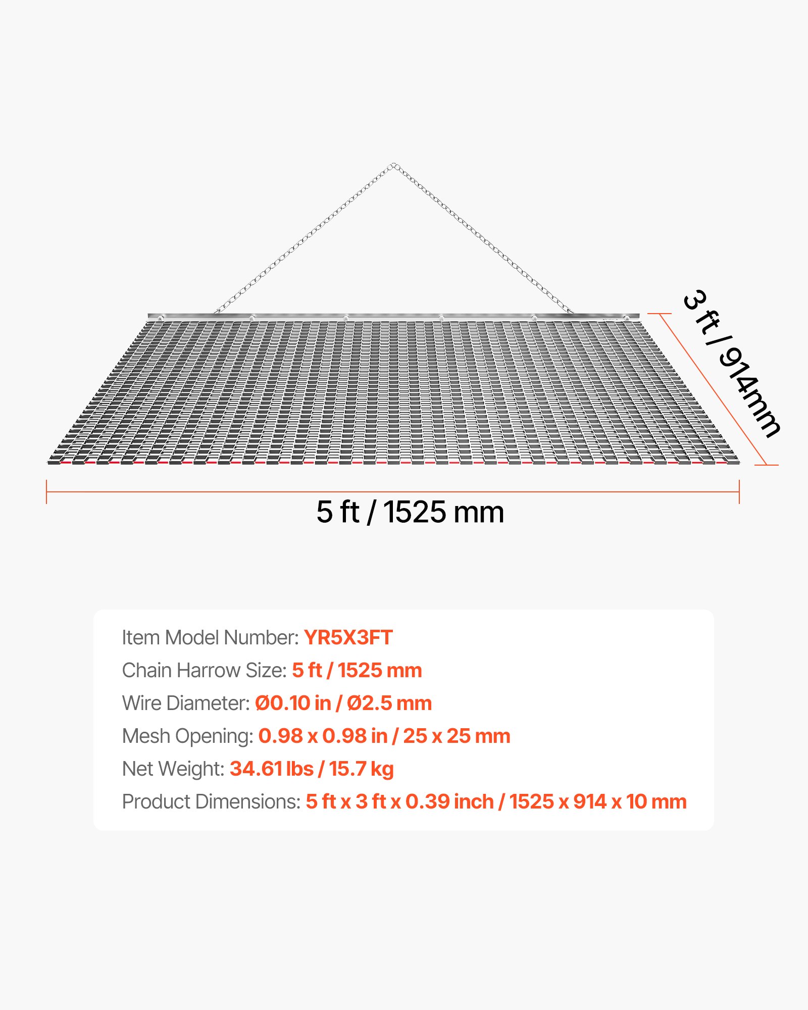 Brona wleczona VEVOR 1525x914 mm, brona łąkowa, brona polowa ze stali ocynkowanej z łańcuchem wleczonym, mocowanie do quadów, UTV i traktorów do wyrównywania dróg żwirowych, torów i pól