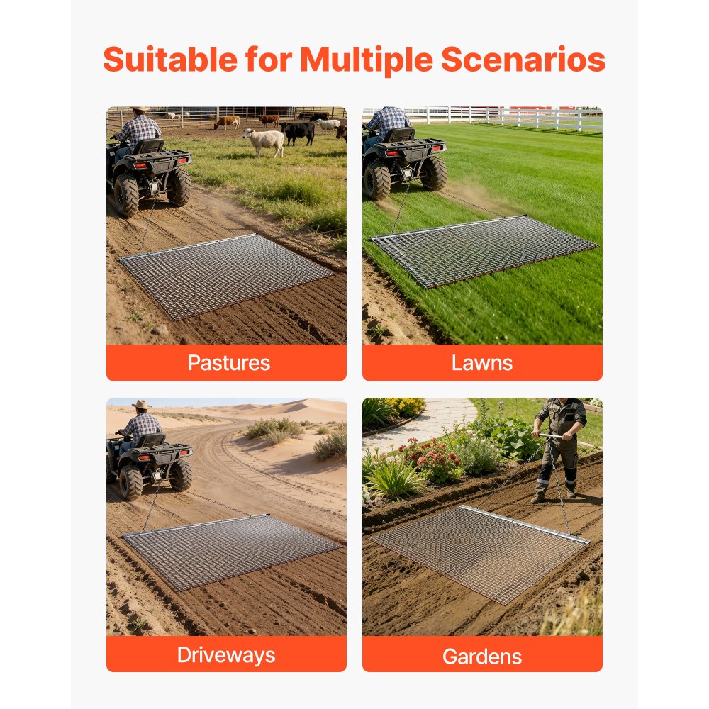 Brona wleczona VEVOR, 201x122 cm, brona łąkowa, brona polowa ze stali ocynkowanej z łańcuchem wleczonym, mocowanie do quadów, UTV i traktorów do wyrównywania dróg żwirowych, ścieżek i pól