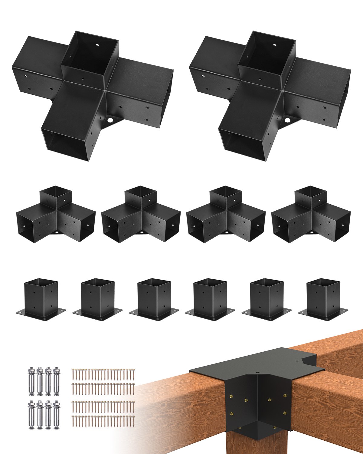 Łącznik słupków VEVOR, narożnik słupków do słupków o wymiarach wewnętrznych 92x92 mm, 3-drożny (4 szt.) i 4-drożny (2 szt.) wspornik do altan z 6 podstawami słupków, do pergoli i altan