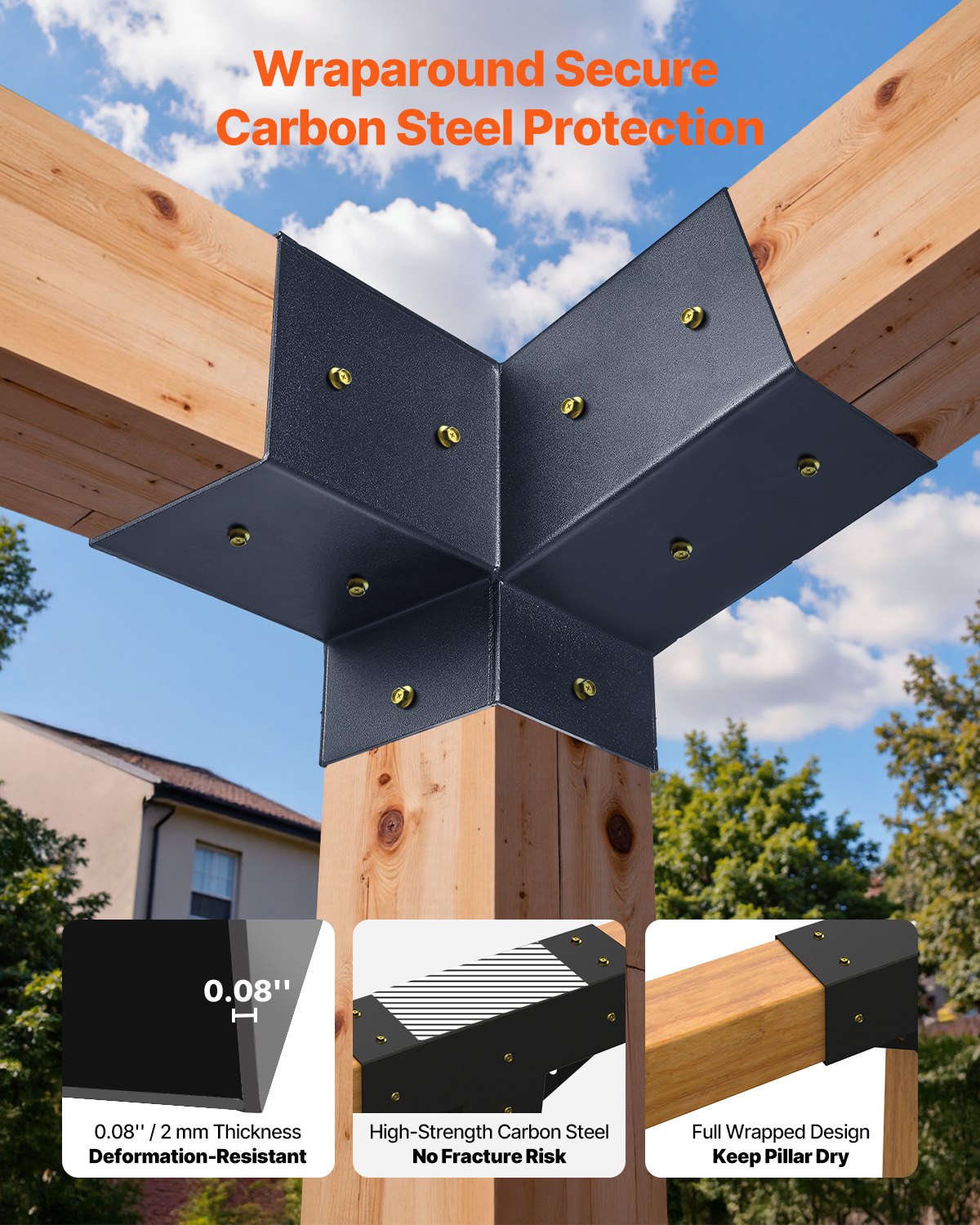 VEVOR Pergola Kit, 4x4 Inch 3-Way Slanted Brackets for 92 x 92 mm Wood Beams in Actual Size, 2-Pack Pergola Brackets with 2 Post Bases and 2 Wall Mount Bases, for Outdoor Pergolas, Gazebos, Sheds