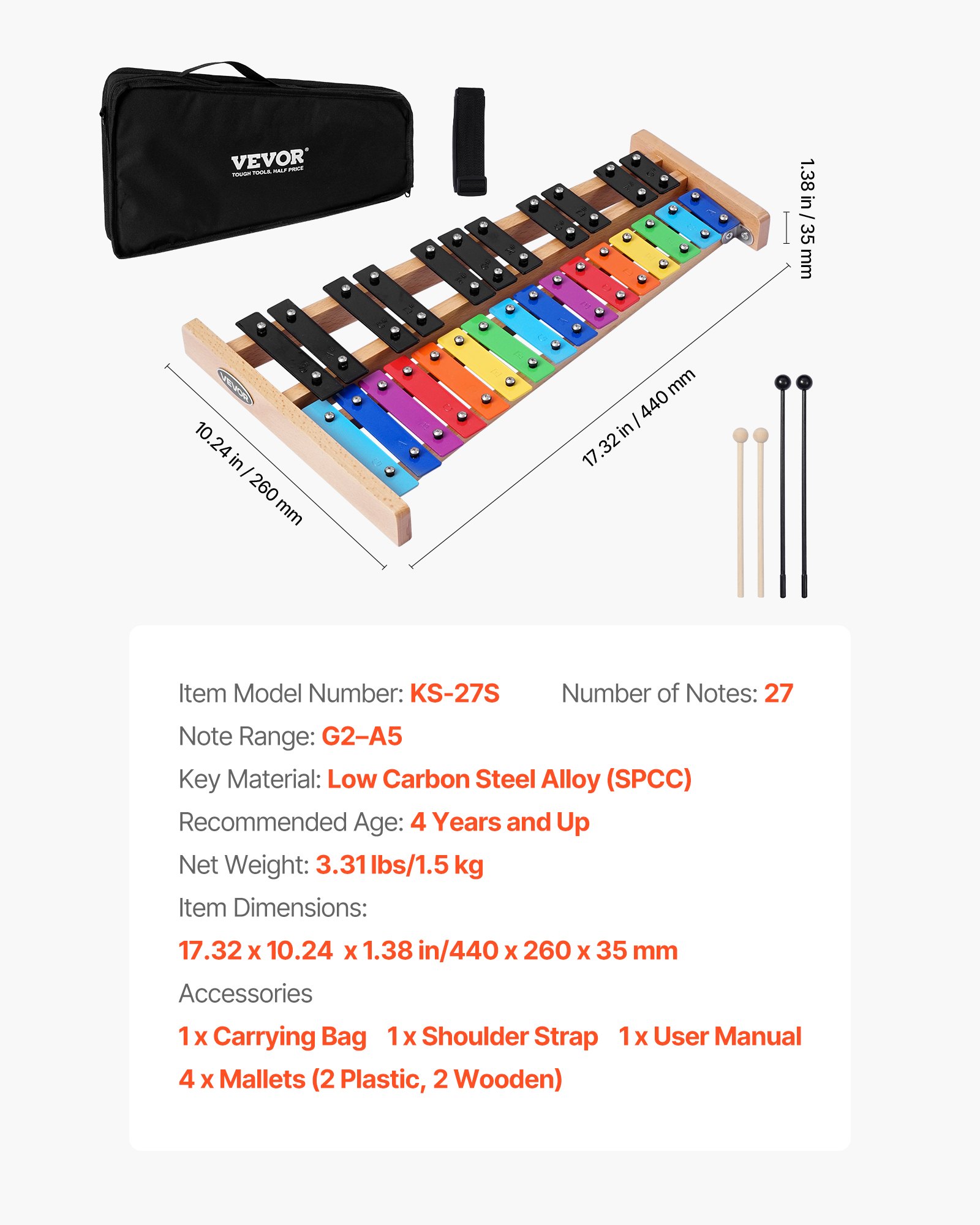 VEVOR Glockenspiel, 27 nut, profesjonalny instrument perkusyjny z ksylofonem, z klawiszami SPCC i kolorowymi metalowymi klawiszami, zawiera 4 młotki, torbę transportową, zestaw instrumentów muzycznych dla początkujących