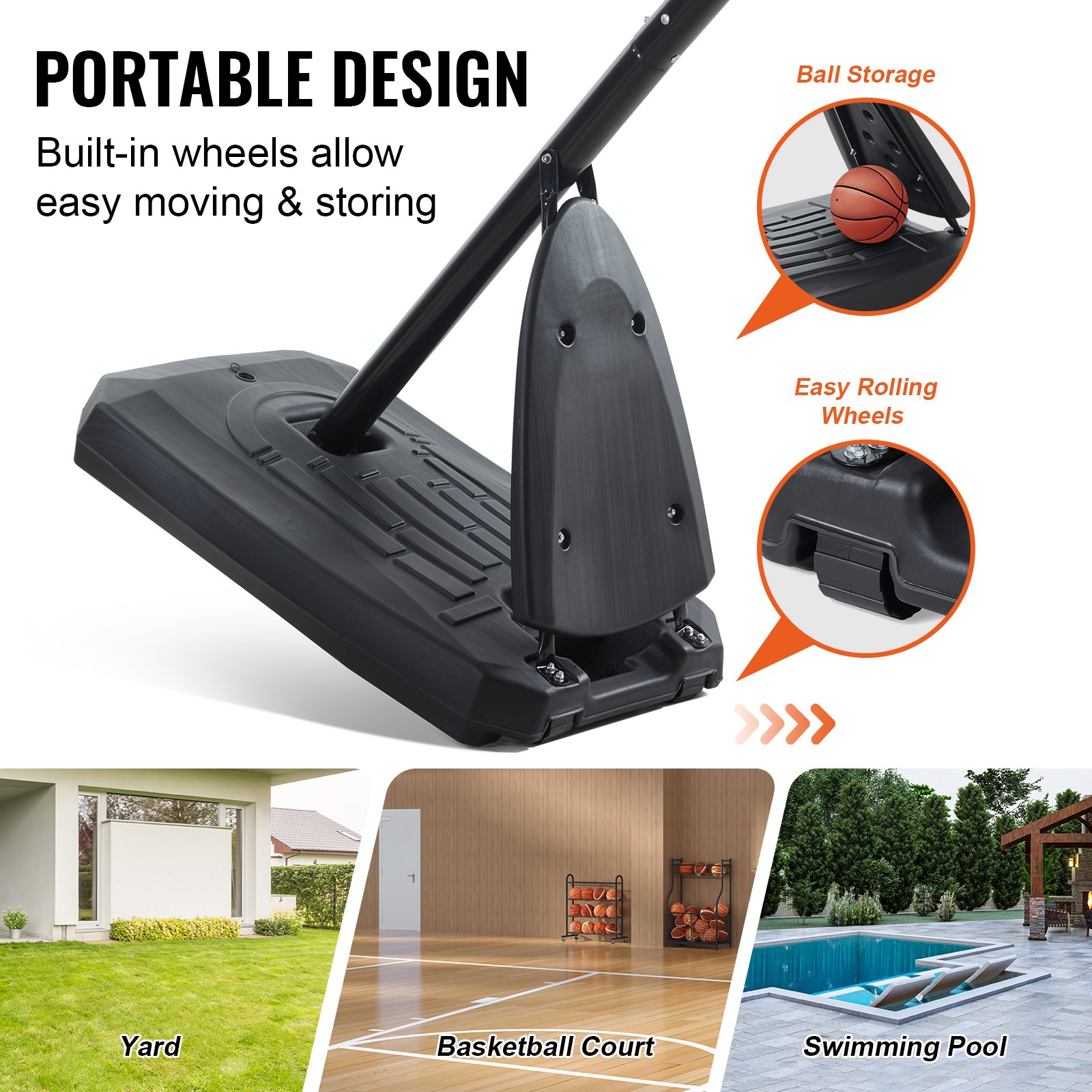 Kosz do koszykówki VEVOR Outdoor z podstawą o regulowanej wysokości 232-305 cm, Φ 483 mm, stojak do koszykówki z kółkami, zestaw do koszykówki dla dzieci i dorosłych, stojak i podstawa do wypełnienia, kolor czarny
