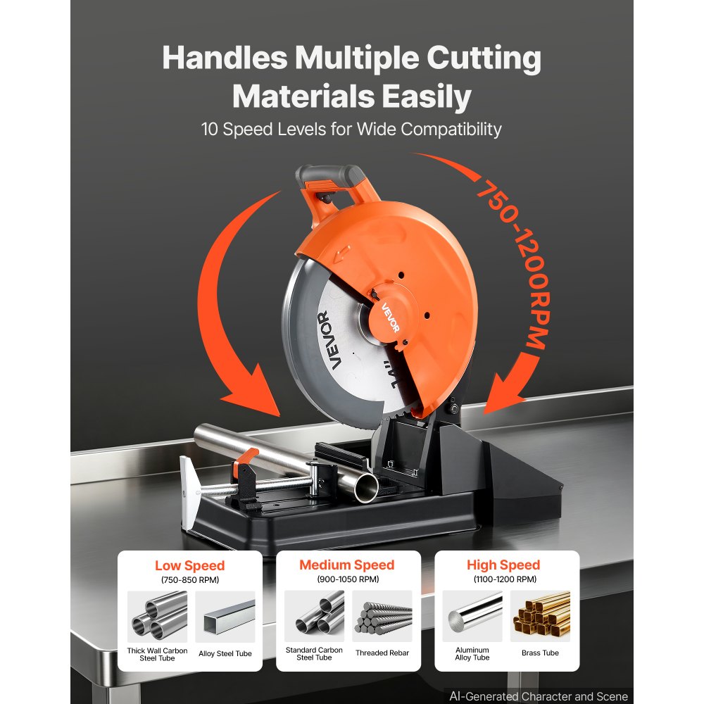 VEVOR Chop Saw 355 mm Cold Cut Blade 3500 W Brushless Motor Cut Off Saw, For Cutting Metal, -45° to 45° Adjustable Angle, 750-1200 r/min Adjustable Speed, Dry Cutting, with Chip Collection Box