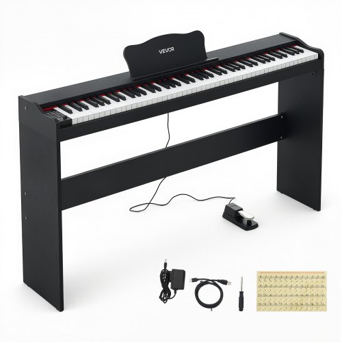 Cyfrowe pianino VEVOR, 88 półważonych klawiszy, głośniki Hi-Fi, czarne, pianino elektryczne idealne dla początkujących, z 600 dźwiękami, 600 rytmami, USB, MIDI, standardowym gniazdem słuchawkowym 3,5 mm, pulpitem pod nuty i pedałem