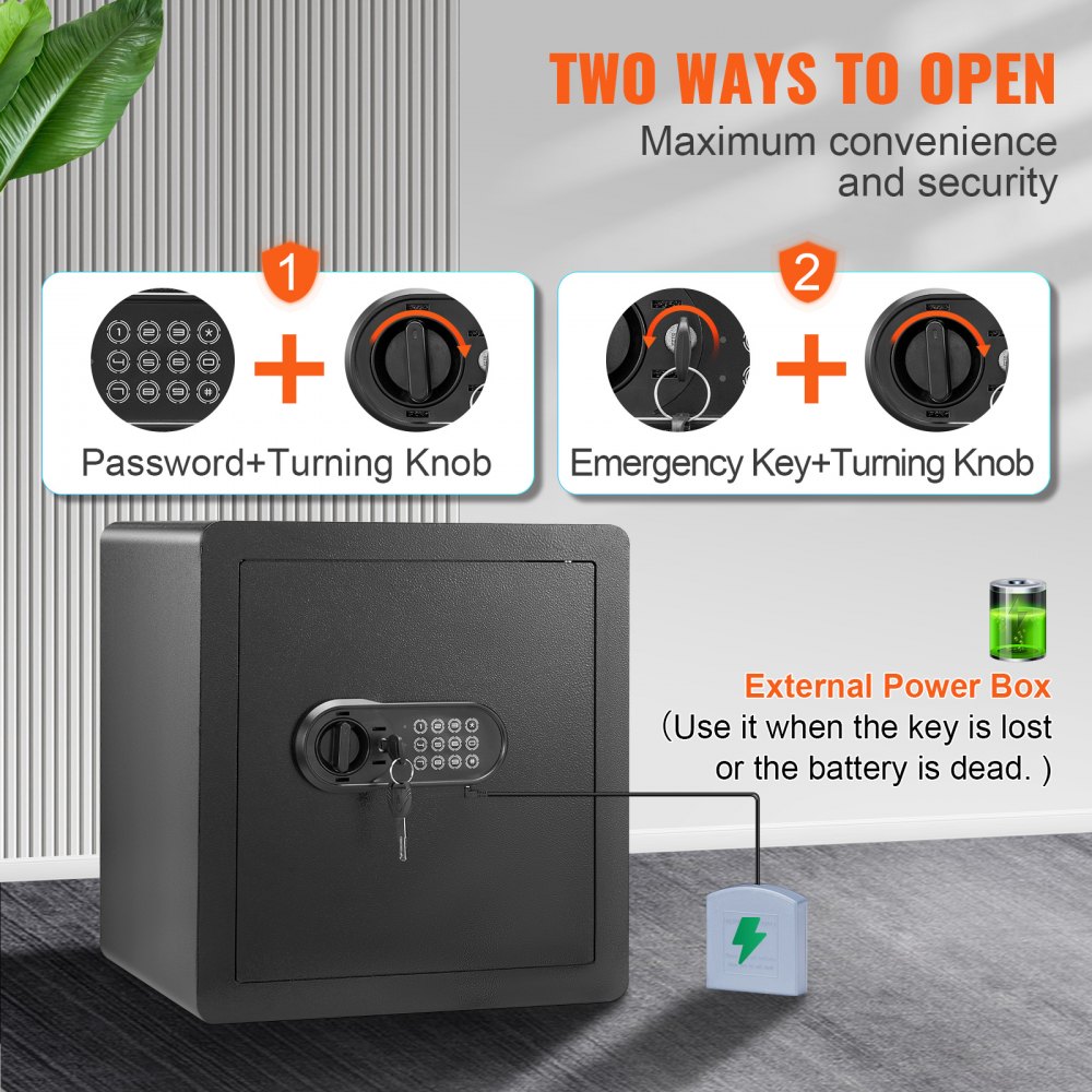 VEVOR Safe Vault o pojemności 51 L, sejf meblowy z ognioodporną sakiewką na pieniądze, cyfrowy sejf domowy z zabezpieczeniem hasłem i kluczem, wyjmowana półka, szafka wewnętrzna, sejf ścienny na gotówkę, biżuterię, dokumenty itp.