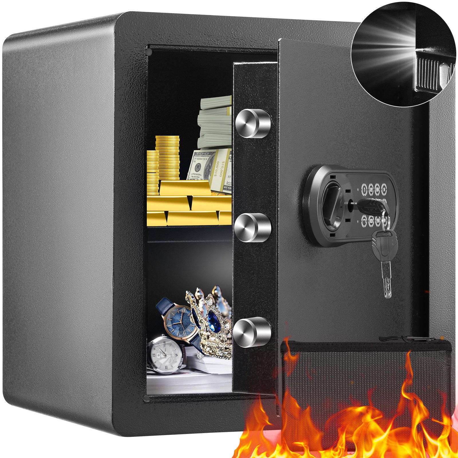 VEVOR Safe Vault o pojemności 51 L, sejf meblowy z ognioodporną sakiewką na pieniądze, cyfrowy sejf domowy z zabezpieczeniem hasłem i kluczem, wyjmowana półka, szafka wewnętrzna, sejf ścienny na gotówkę, biżuterię, dokumenty itp.