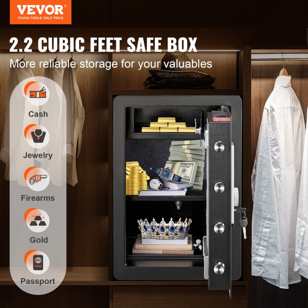 VEVOR Safe 62 L, sejf meblowy z ognioodporną saszetką na pieniądze, wyjmowaną półką, z możliwościami otwierania przez hasło, klucz i odcisk palca, szafka wewnętrzna, sejf ścienny na gotówkę, biżuterię, dokumenty i inne wartościowe przedmioty