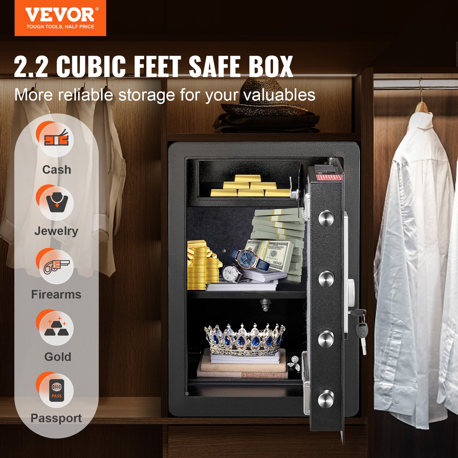 VEVOR Safe 62 L, sejf meblowy z ognioodporną saszetką na pieniądze, wyjmowaną półką, z możliwościami otwierania przez hasło, klucz i odcisk palca, szafka wewnętrzna, sejf ścienny na gotówkę, biżuterię, dokumenty i inne wartościowe przedmioty