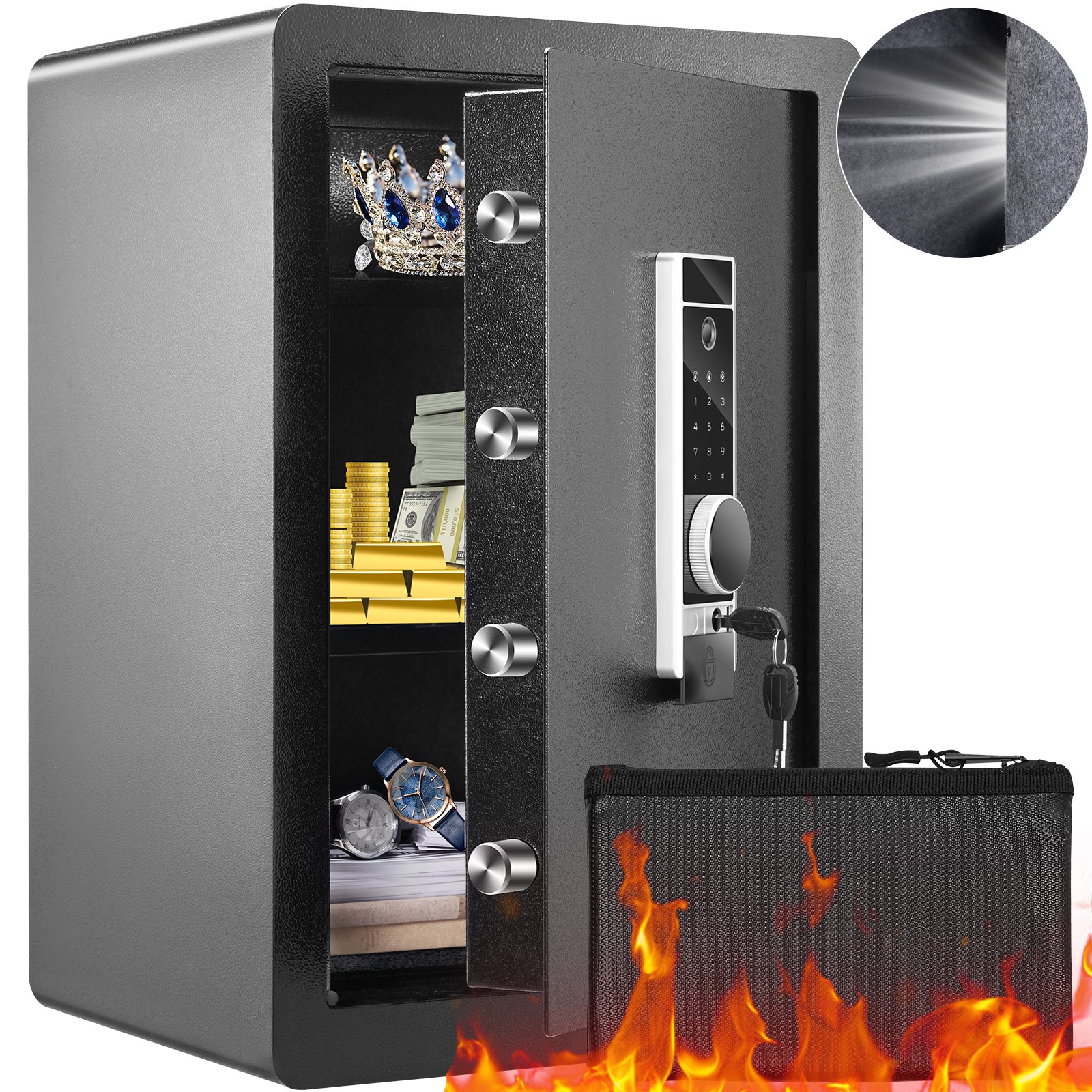 VEVOR Safe 62 L, sejf meblowy z ognioodporną saszetką na pieniądze, wyjmowaną półką, z możliwościami otwierania przez hasło, klucz i odcisk palca, szafka wewnętrzna, sejf ścienny na gotówkę, biżuterię, dokumenty i inne wartościowe przedmioty