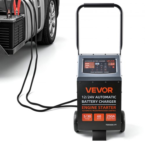 VEVOR Przenośna ładowarka akumulatorów samochodowych 12/24 V 250/125 A z funkcją rozruchu awaryjnego do samochodów osobowych, SUV-ów, lekkich pojazdów użytkowych i furgonetek, 9-stopniowe automatyczne ładowanie akumulatorów kwasowo-ołowiowych i litowych