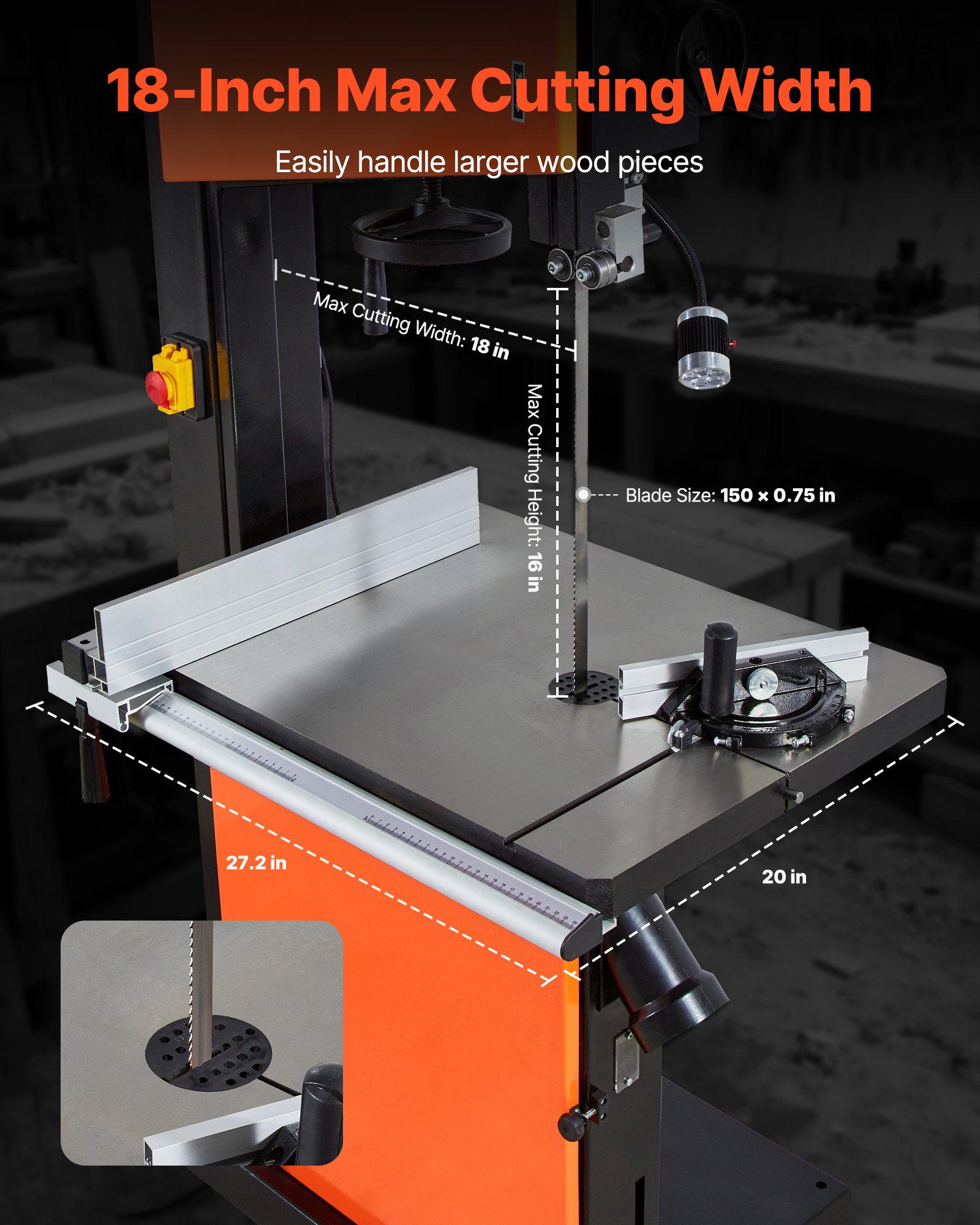 VEVOR Piła taśmowa, szerokość cięcia 457 mm, piła taśmowa z silnikiem 2240 W (3 KM), maks. wysokość cięcia 406 mm, stół żeliwny 690 x 510 mm, z oświetleniem roboczym 360°, kątownikiem, prowadnicą równoległą