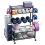 VEVOR Home Gymnastics Storage Rack, Steel Yoga Mat Holder, Yoga Mat Weightlifting Rack with Wheels & Hooks, Barbell Weightlifting Rack for Home Exercise Fitness Equipment