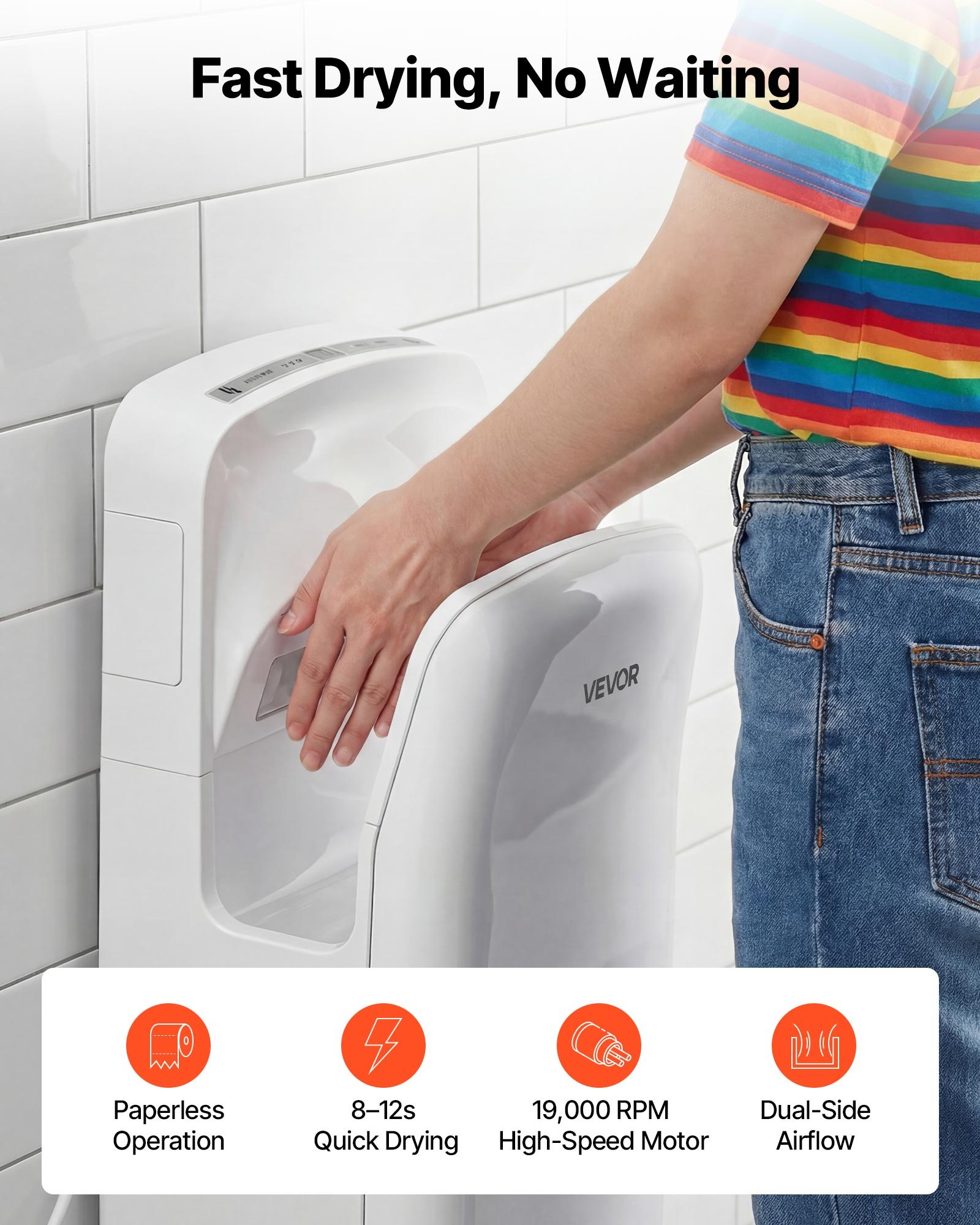 Suszarka do rąk VEVOR pionowa, elektryczna suszarka do rąk z filtrem HEPA, silnikiem 19 000 obr./min i podwójnym przepływem powietrza, automatyczna suszarka do rąk ABS montowana na ścianie z jonami ujemnymi do użytku komercyjnego, biała