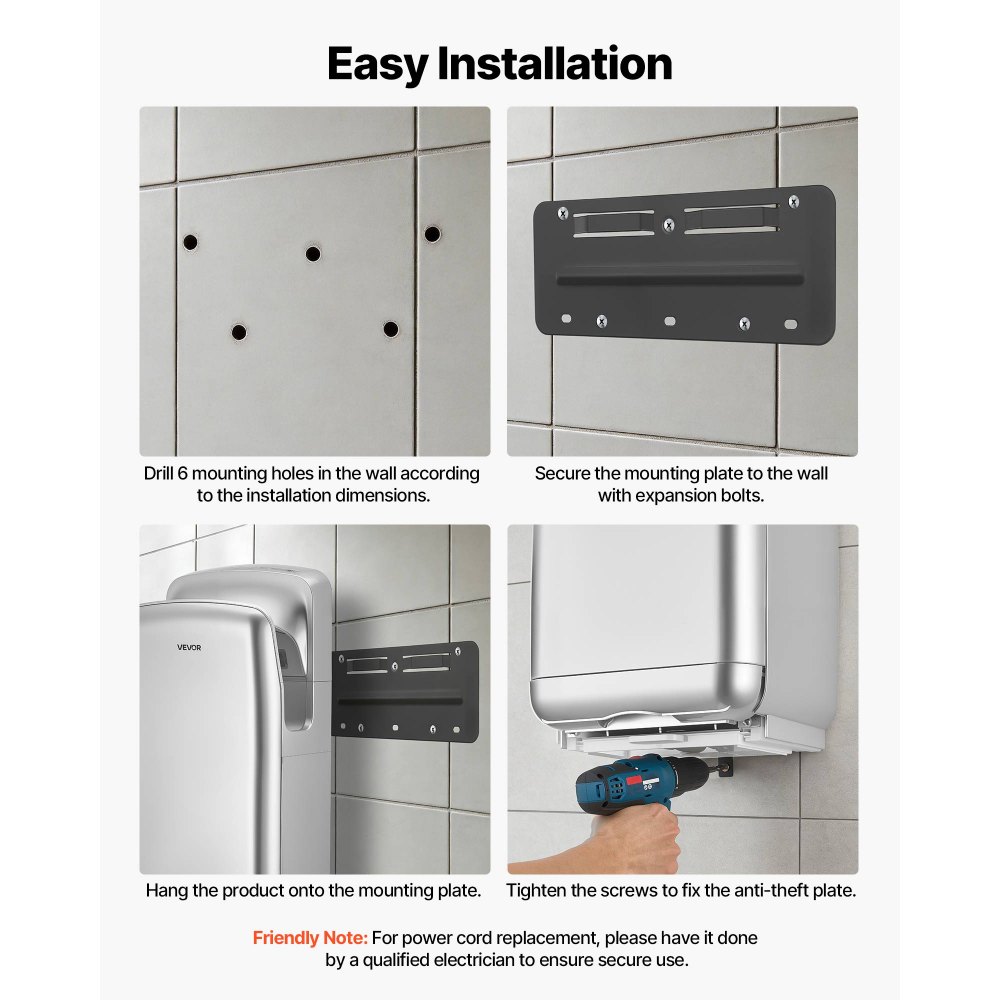 Suszarka do rąk VEVOR pionowa, elektryczna suszarka do rąk z filtrem HEPA, silnikiem 19 000 obr./min i podwójnym przepływem powietrza, automatyczna suszarka do rąk ABS montowana na ścianie z jonami ujemnymi do użytku komercyjnego, srebrna