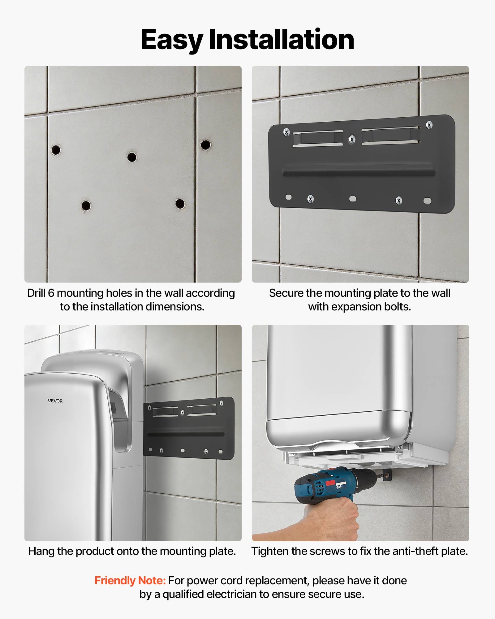 Suszarka do rąk VEVOR pionowa, elektryczna suszarka do rąk z filtrem HEPA, silnikiem 19 000 obr./min i podwójnym przepływem powietrza, automatyczna suszarka do rąk ABS montowana na ścianie z jonami ujemnymi do użytku komercyjnego, srebrna