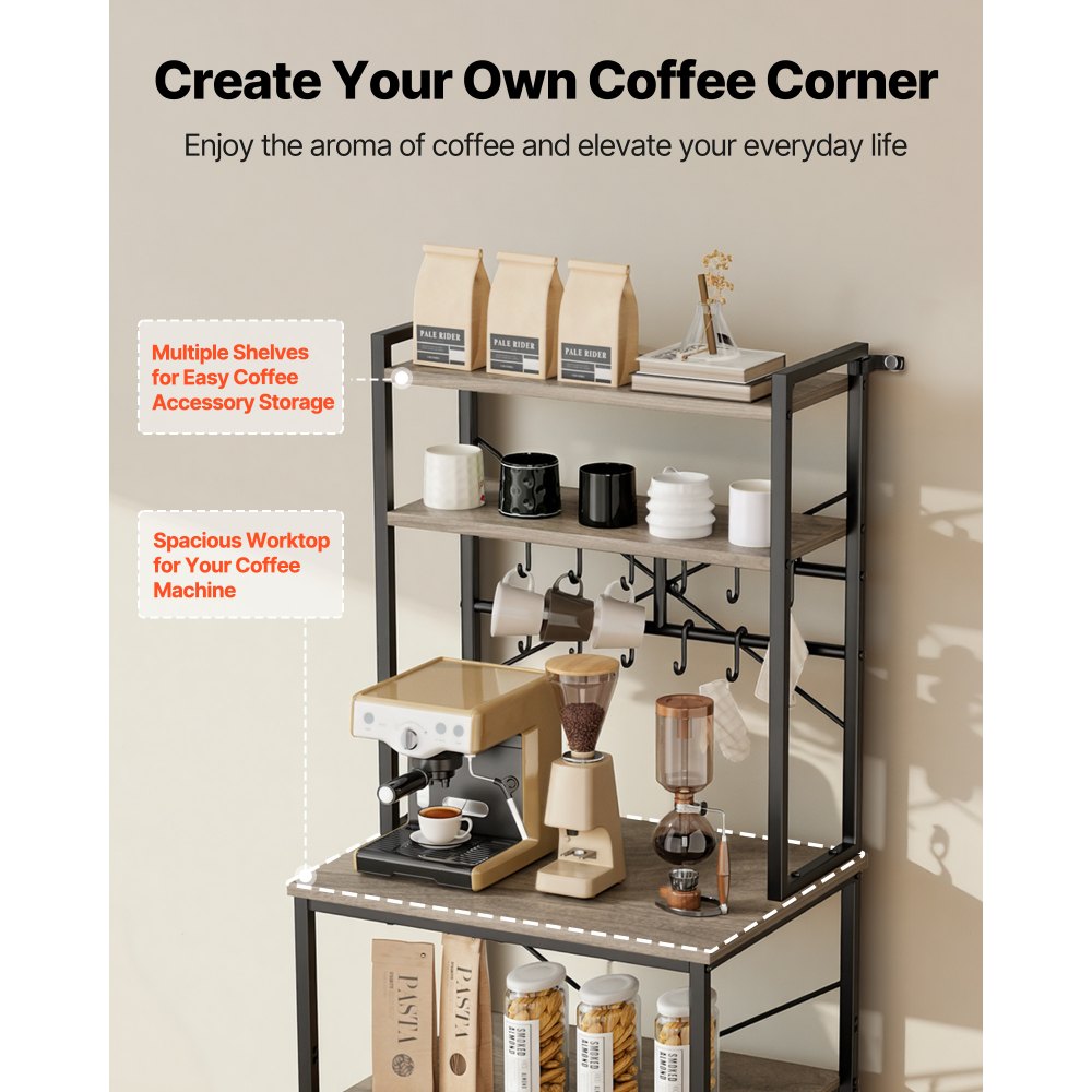 VEVOR Kitchen Bakers Rack, 600 mm Width Bakers Rack, Kitchen Stand with X-Shaped Support Bar, 12 S-Shaped Hooks, Double-Layer Top Shelf, Coffee Bar Stand for Dishes & Bowls, Spice Bottles