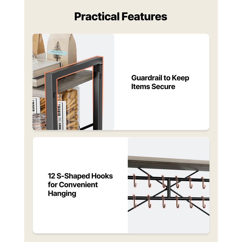 VEVOR Kitchen Bakers Rack, 600 mm Width Bakers Rack, Kitchen Stand with X-Shaped Support Bar, 12 S-Shaped Hooks, Double-Layer Top Shelf, Coffee Bar Stand for Dishes & Bowls, Spice Bottles