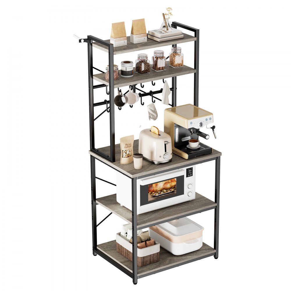 VEVOR Kitchen Bakers Rack, 600 mm Width Bakers Rack, Kitchen Stand with X-Shaped Support Bar, 12 S-Shaped Hooks, Double-Layer Top Shelf, Coffee Bar Stand for Dishes & Bowls, Spice Bottles